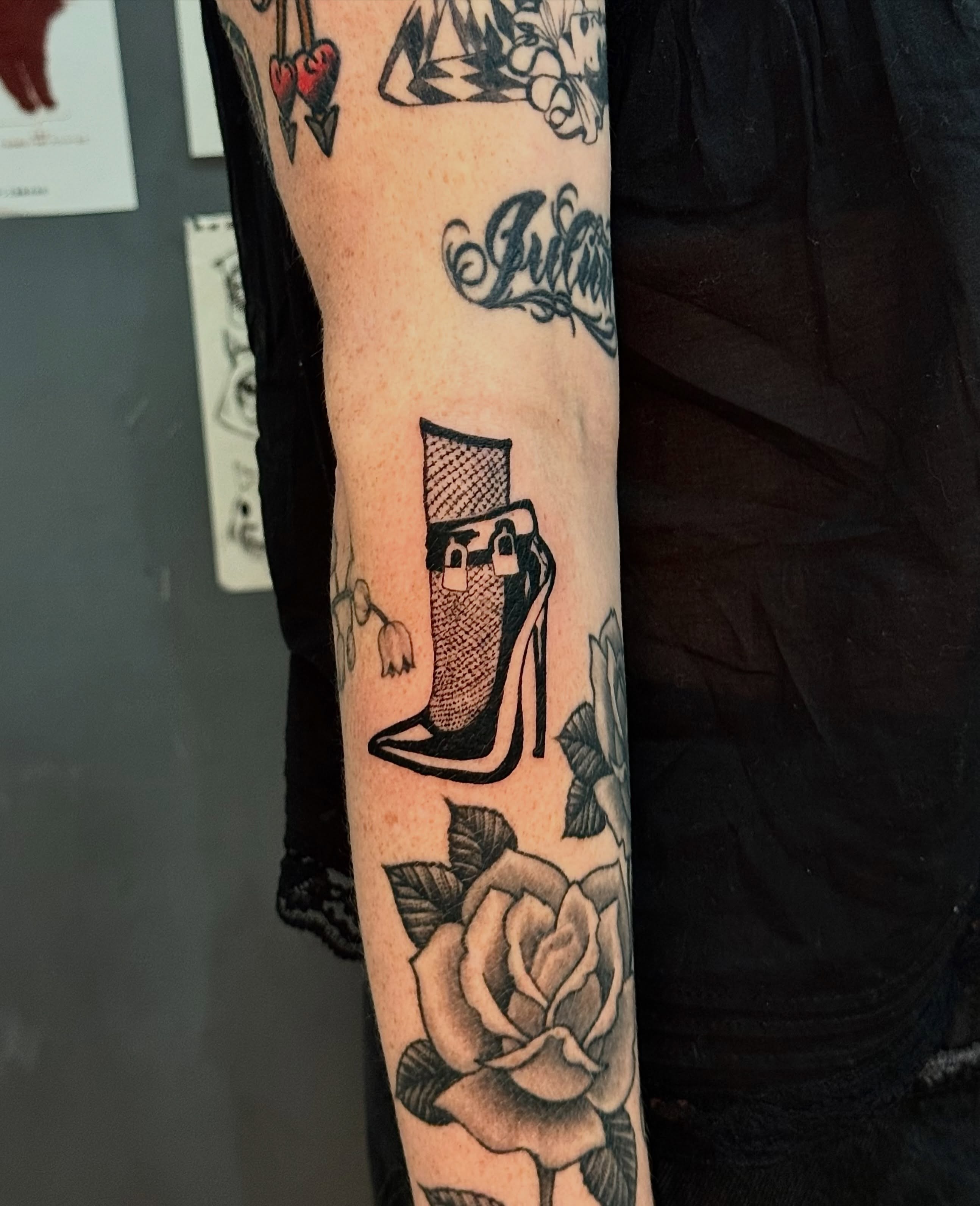 High heel American traditional tattoo on the forearm by ༺♡༻ Melia’s Dolls ༺♡༻