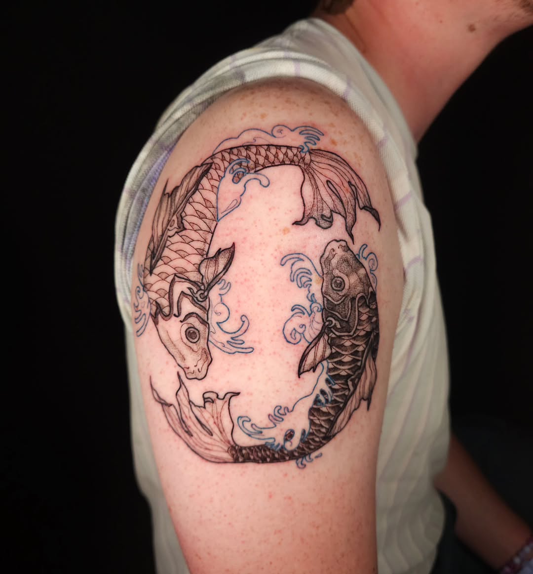 Koi fish japanese irezumi tattoo on the shoulder by Eva the Tattoo Fartist in Seattle, WA, Seattle, Washington