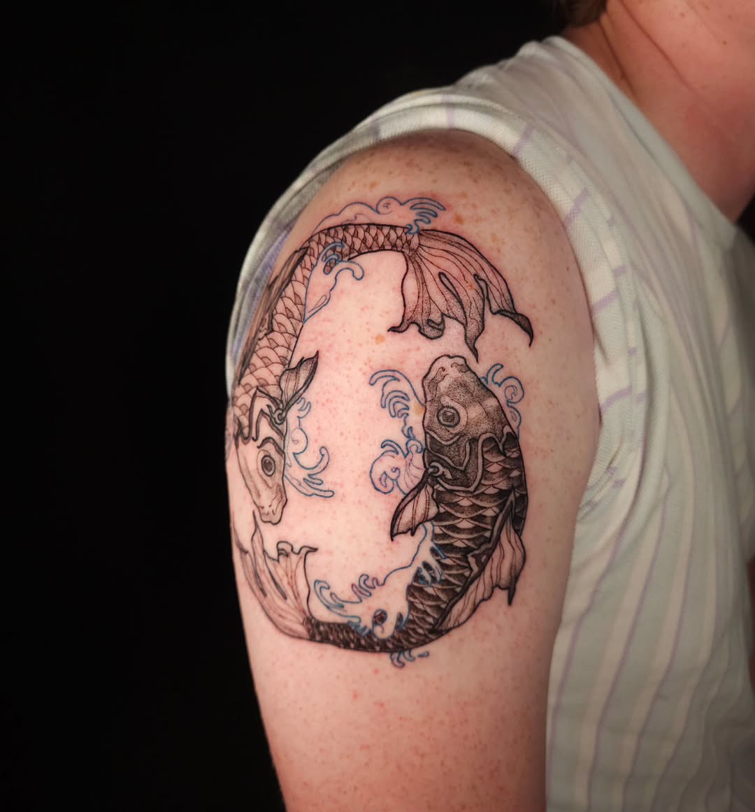 Koi fish black and grey tattoo on the shoulder by Eva the Tattoo Fartist in Seattle, WA, Seattle, Washington