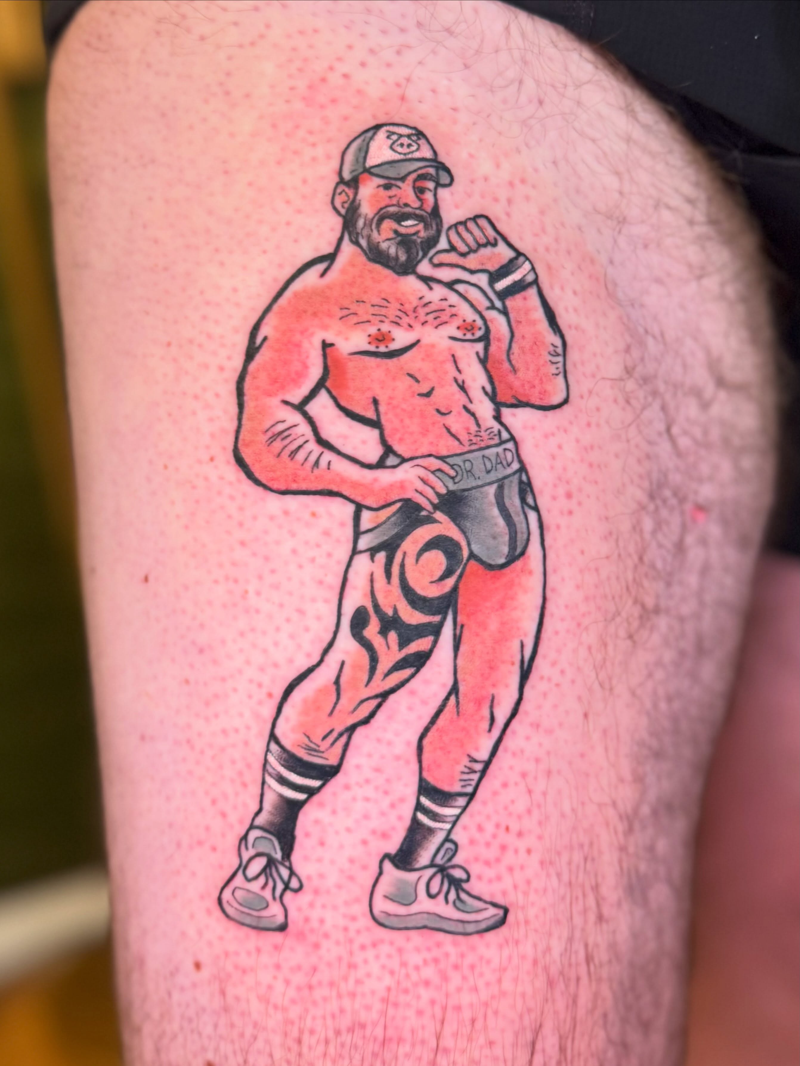 Wrestler dotwork tattoo on the thigh by Zac Smith-Chevalier