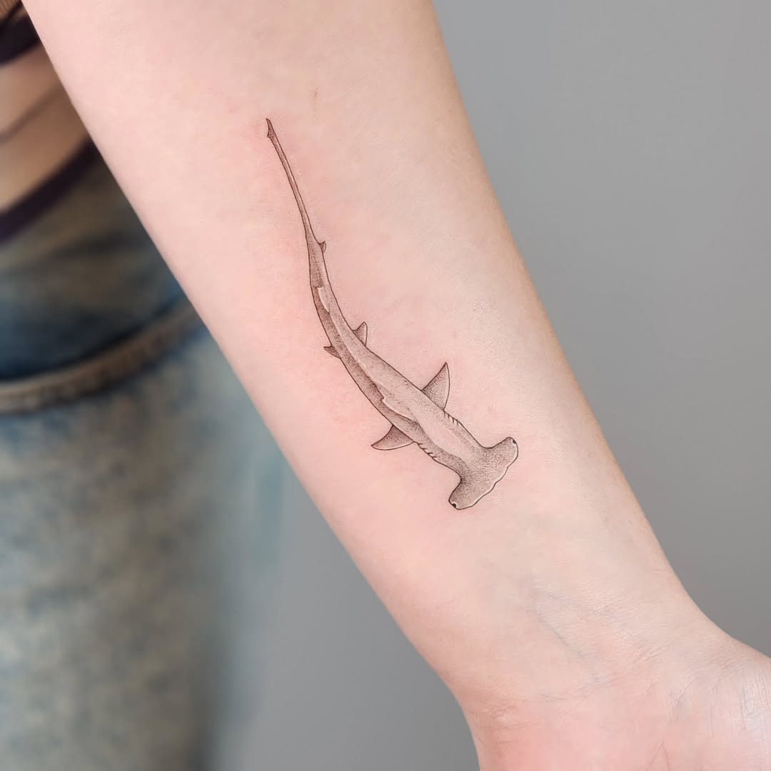 Hammerhead shark fine line tattoo on the forearm by Tattoo artist - Luciana Dsilva, San Francisco, California