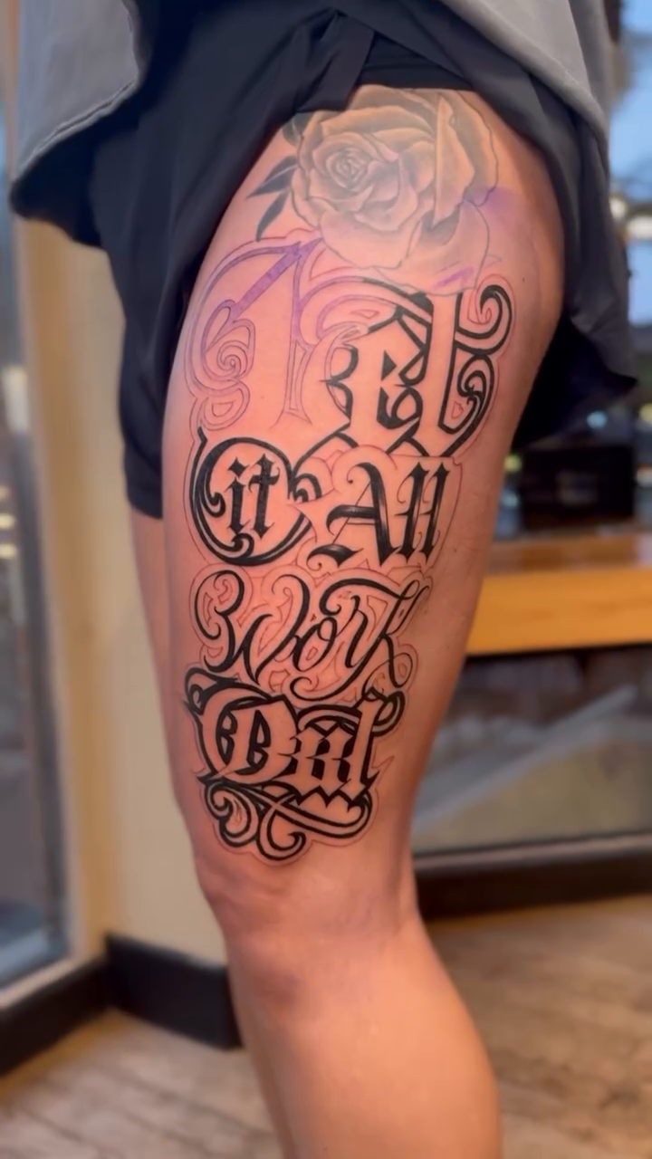 Tattoo by @abel.tattooart — lettering_script, black_and_grey