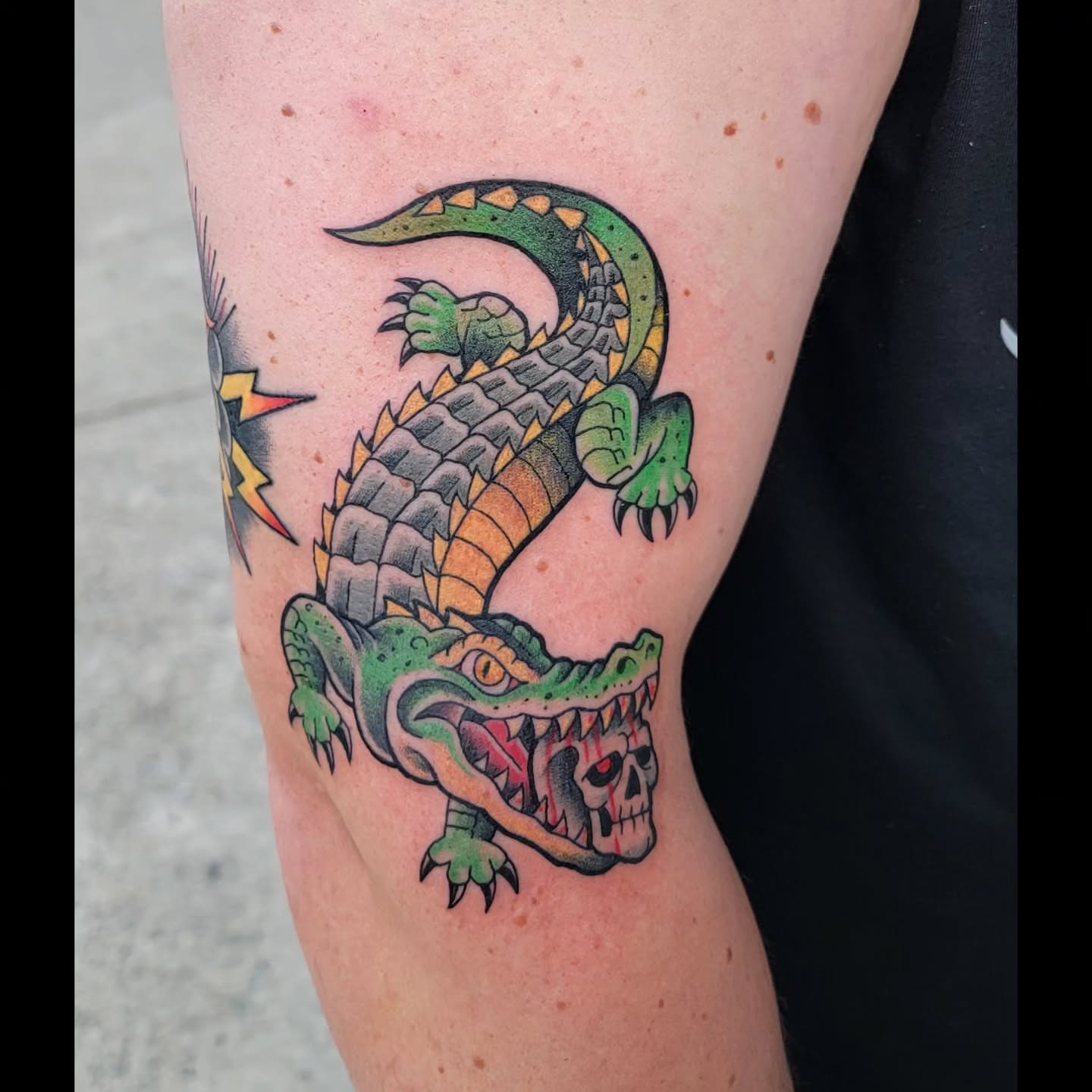 Alligator American traditional tattoo on the thigh by Gustavo Duarte, Boonton, New Jersey