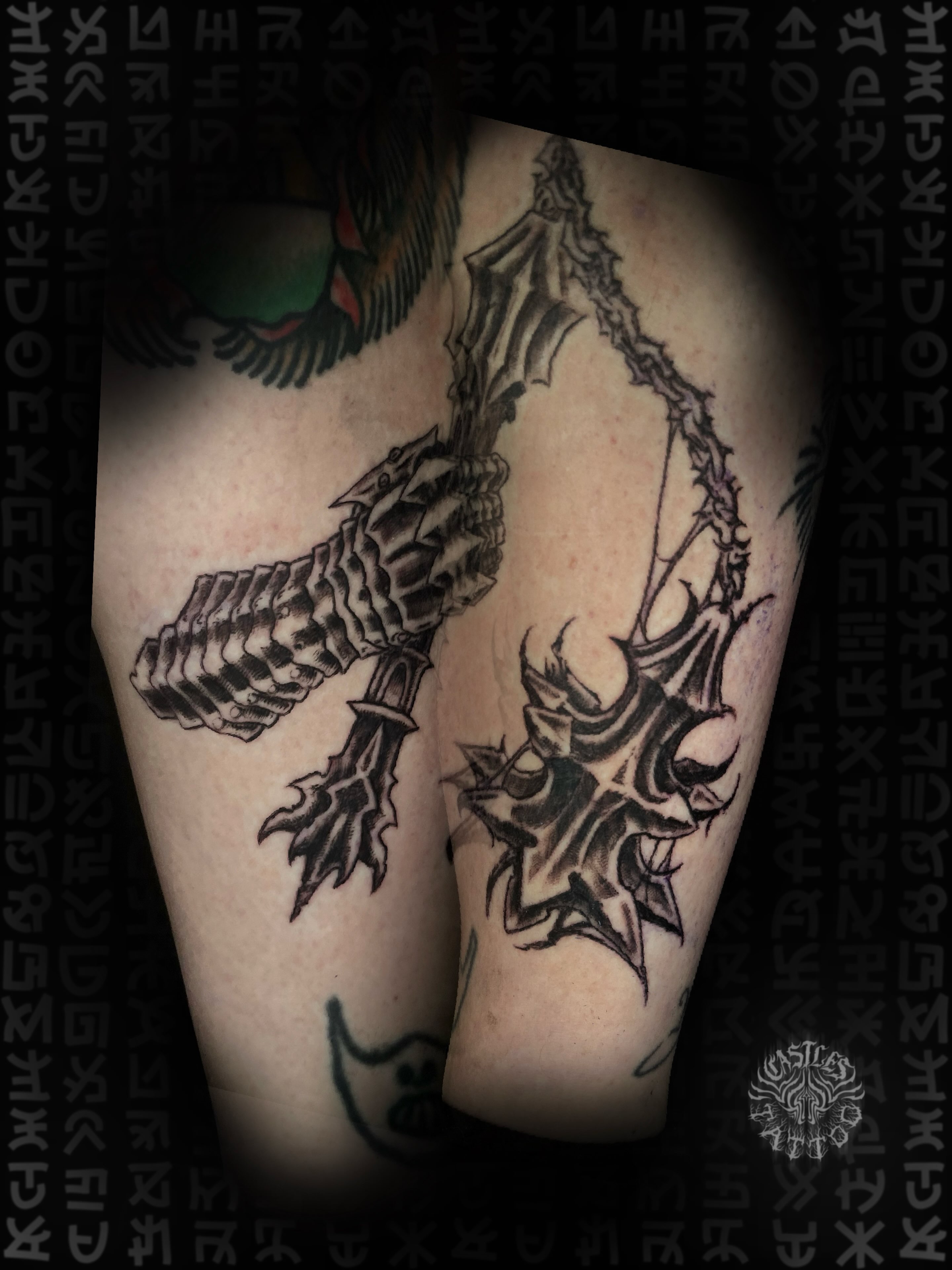 Dragon black and grey tattoo on the thigh by Erin Portland Tattoo Artist