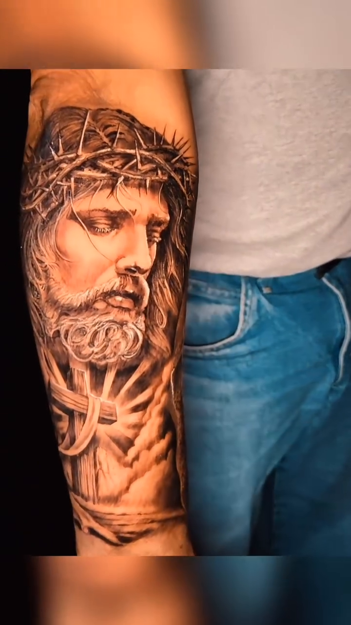 Jesus Christ portrait realism tattoo by Pod Viñes