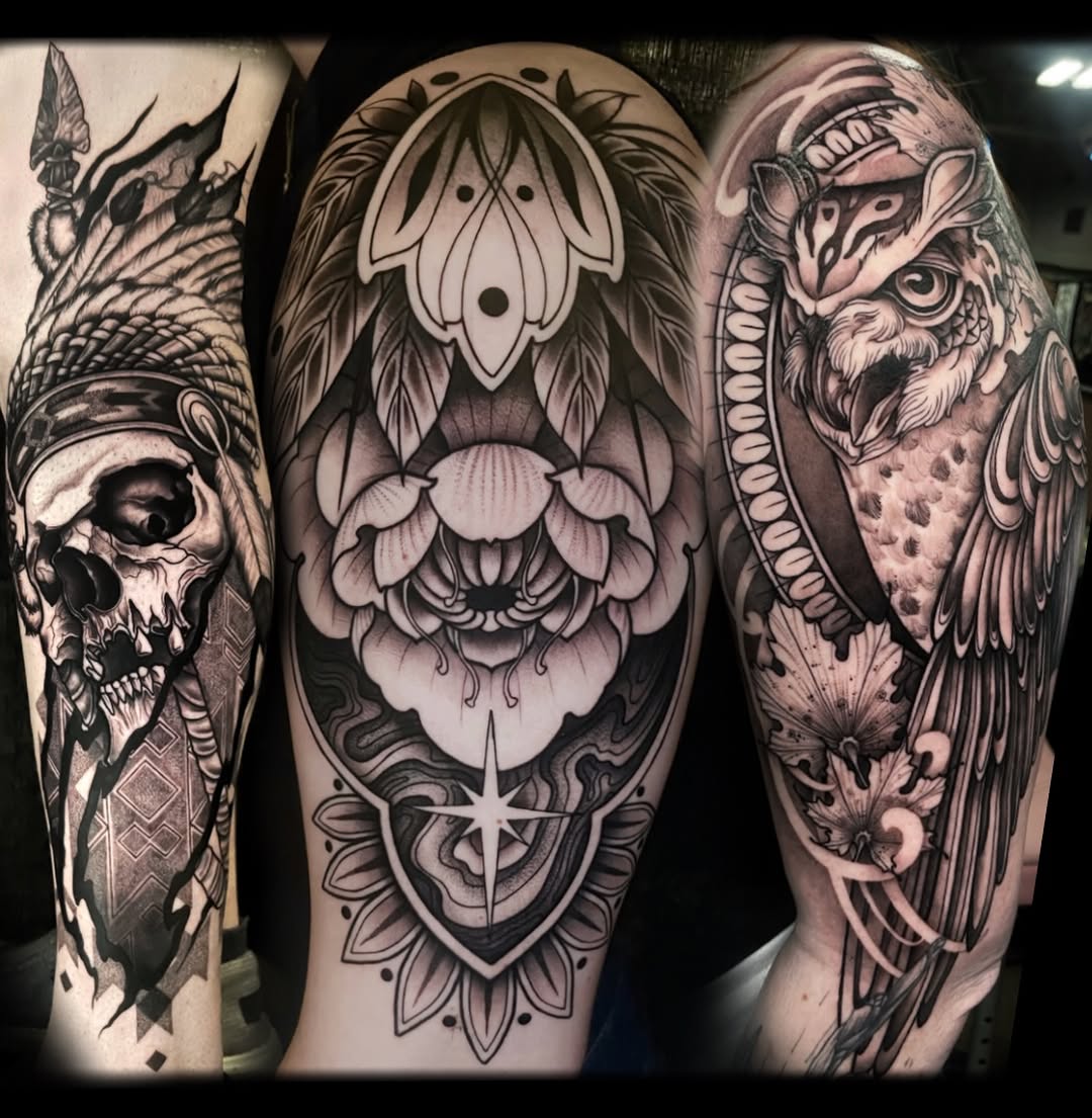 Skull with headdress, flower, owl geometric tattoo on the upper arm by Haley Corinne