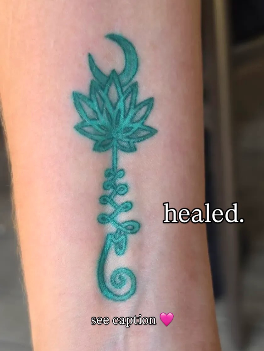 Lotus flower with crescent moon geometric tattoo on the forearm by Melissa