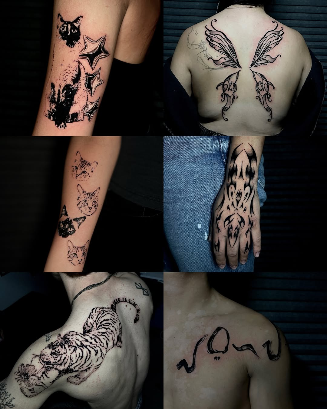 Cat and stars blackwork tattoo on the upper arm by clarissa