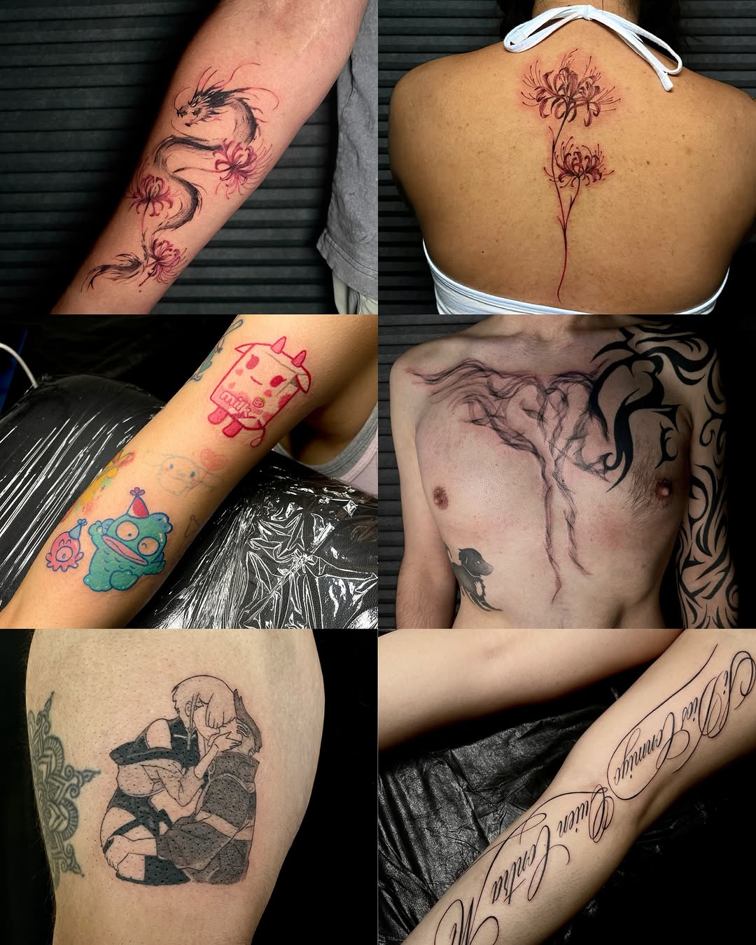 Dragon and flowers anime tattoo on the upper arm by clarissa