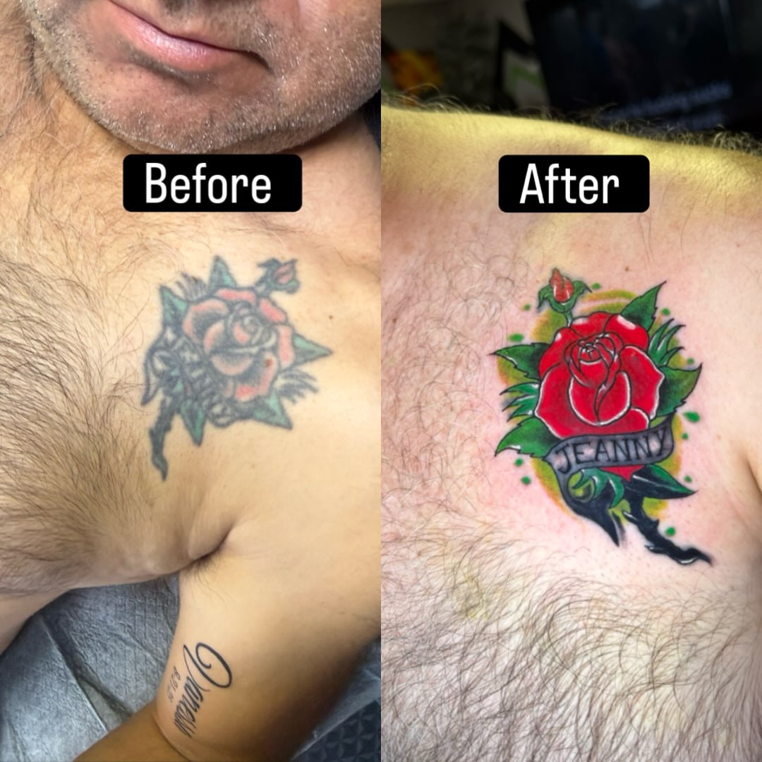 Rose American traditional tattoo on the chest by Steve - Tattoo Artist