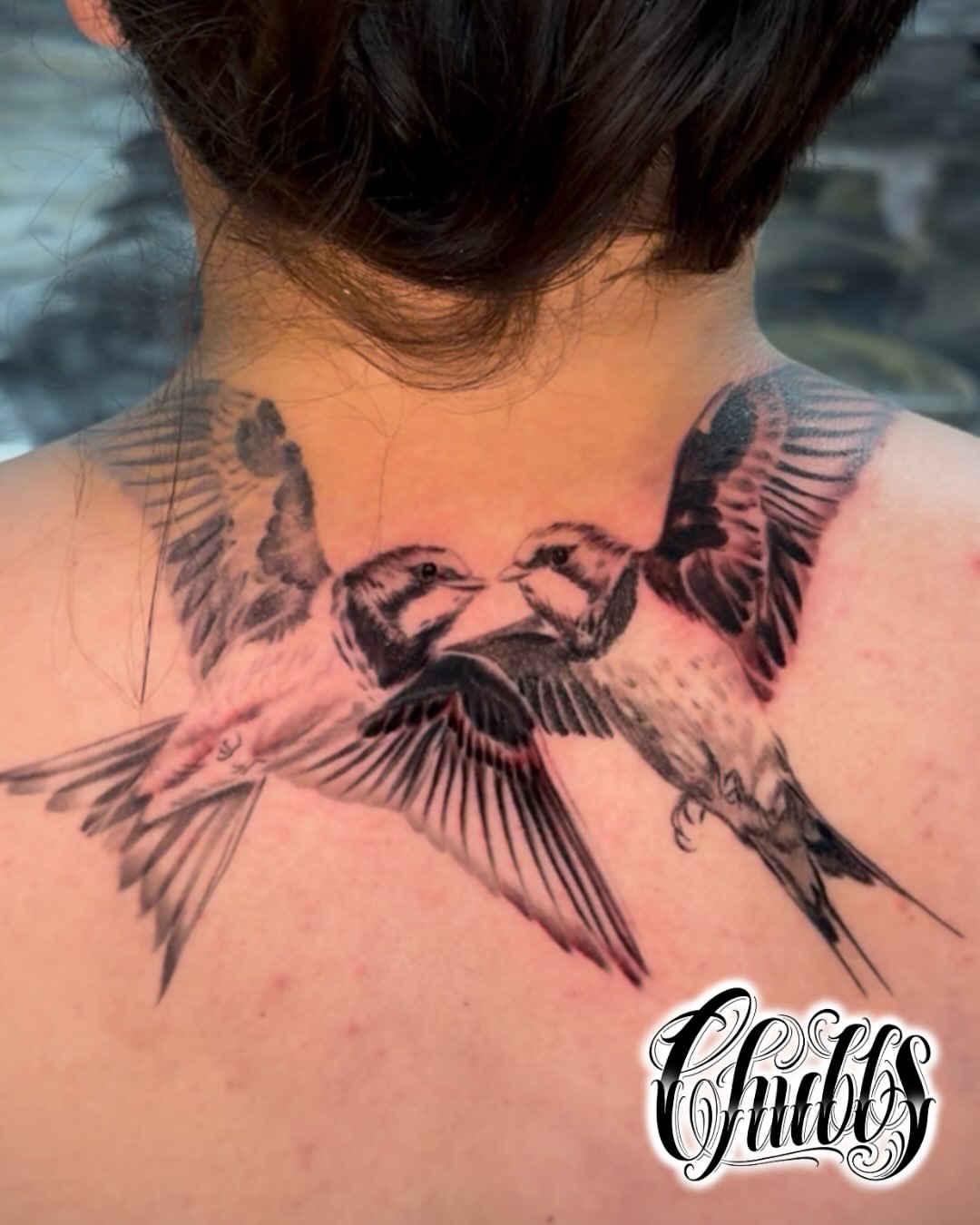 Birds realism tattoo on the back by Chubbs