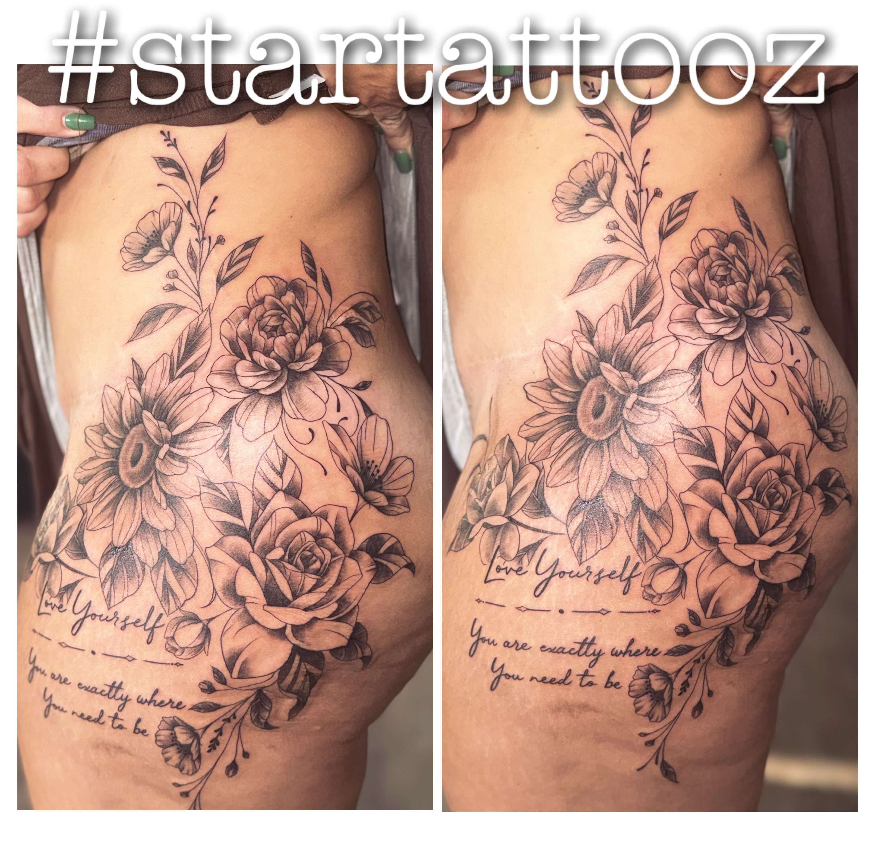 Floral bouquet black and grey tattoo on the thigh by StarTattooz - the one & only