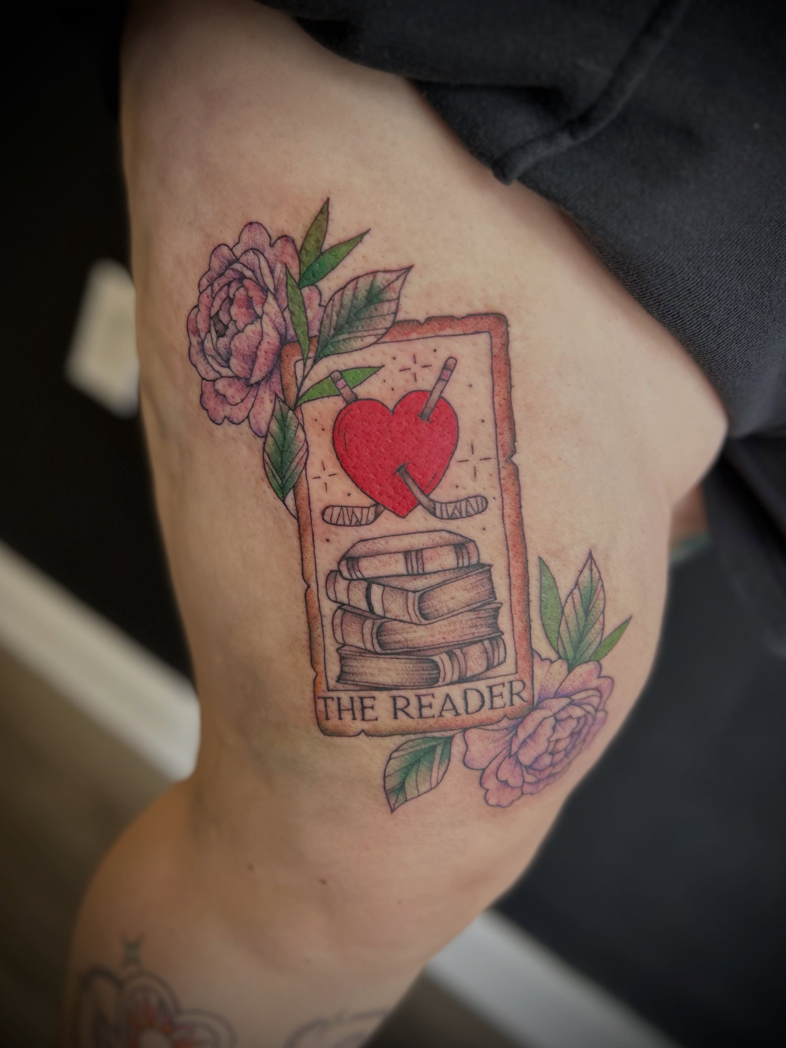 The reader tarot card American traditional tattoo on the thigh by Browtique & Ink, Clearwater, Florida
