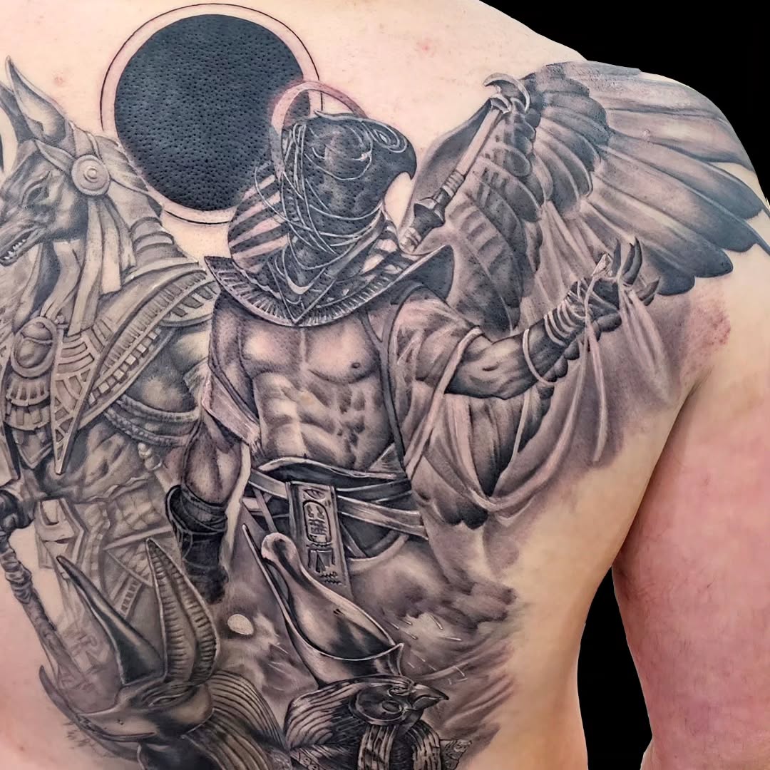 Egyptian gods realism tattoo on the shoulder by Dallas Tattoo Artist Erik Espinoza