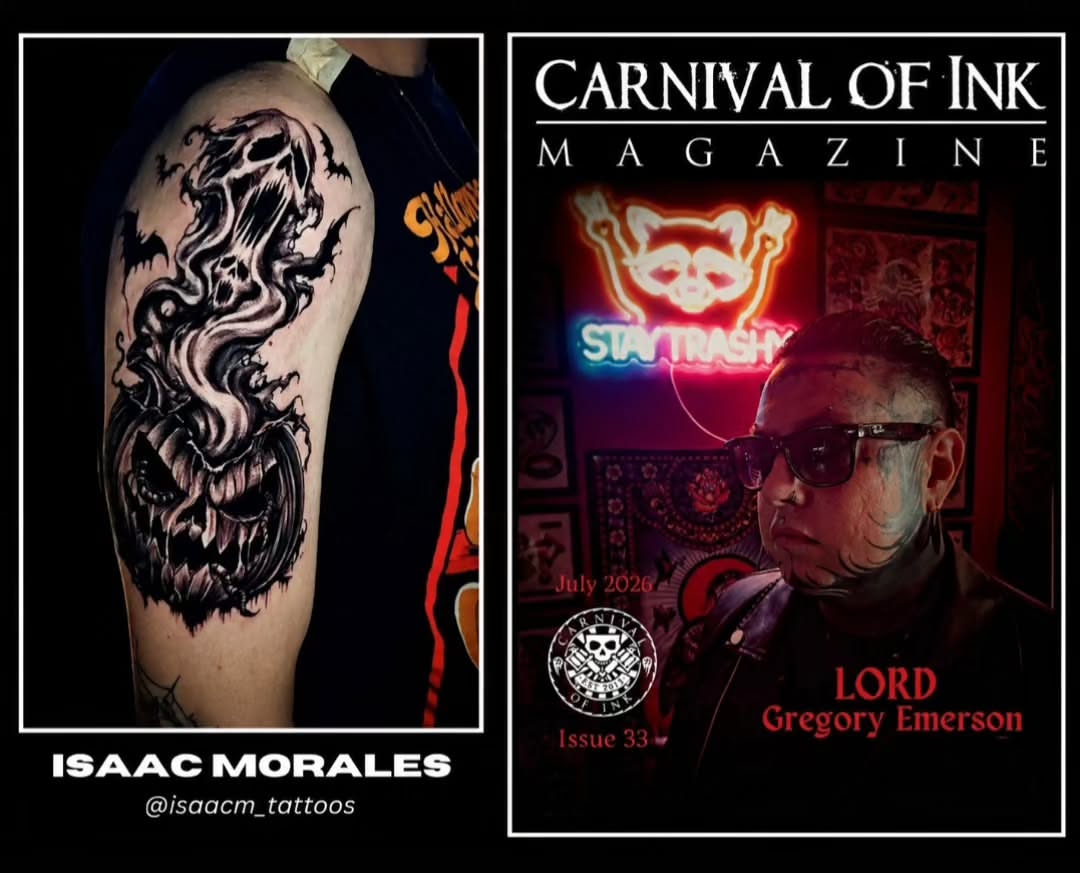 Skull and flames black and grey tattoo on the shoulder by Isaac Morales