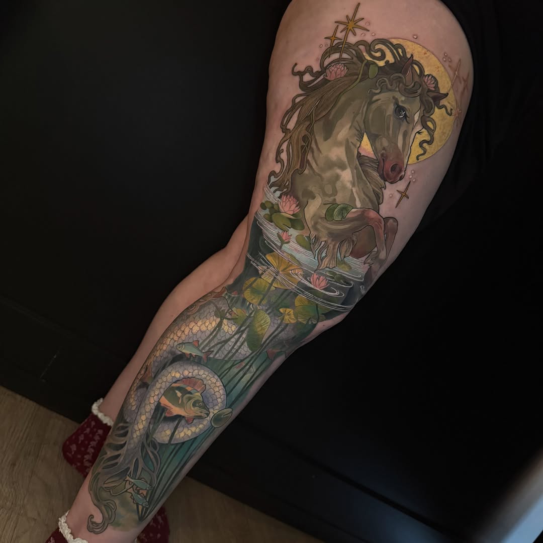 Horse and fish in water Japanese tattoo on the forearm by Paige Hudon, Chicago, Illinois