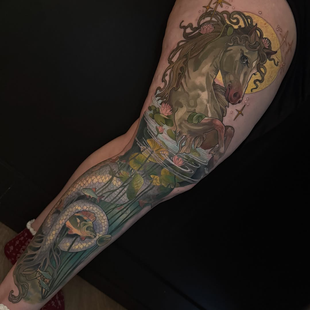 Horse and koi fish in water Japanese tattoo on the forearm by Paige Hudon, Chicago, Illinois