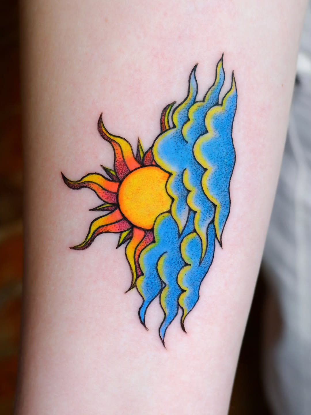 Sun and flames dotwork tattoo on the forearm by bird ✦ tattoo artist ✦ philadelphia