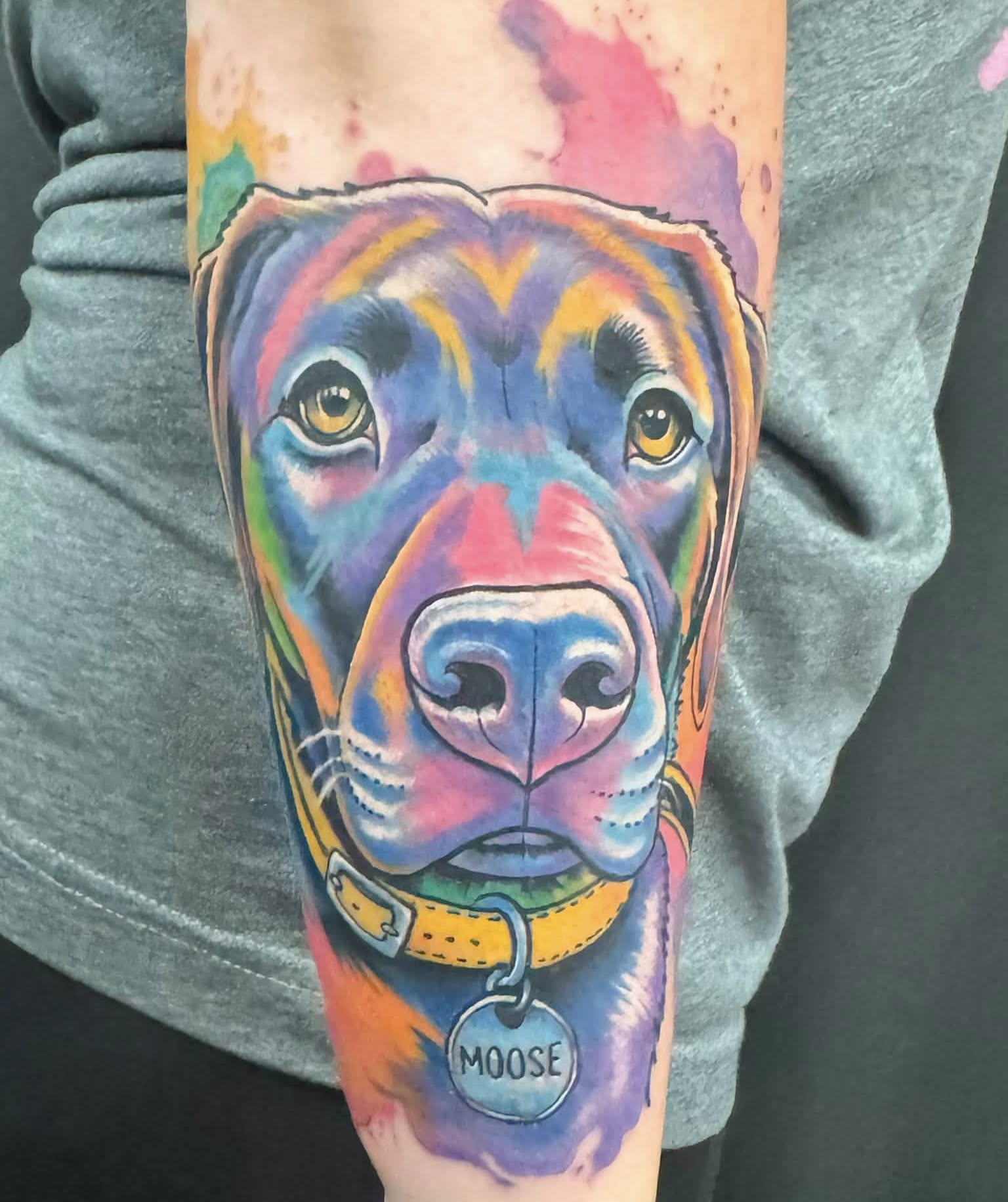 Dog watercolor tattoo on the forearm by Skott Kautman, Dubuque, Iowa