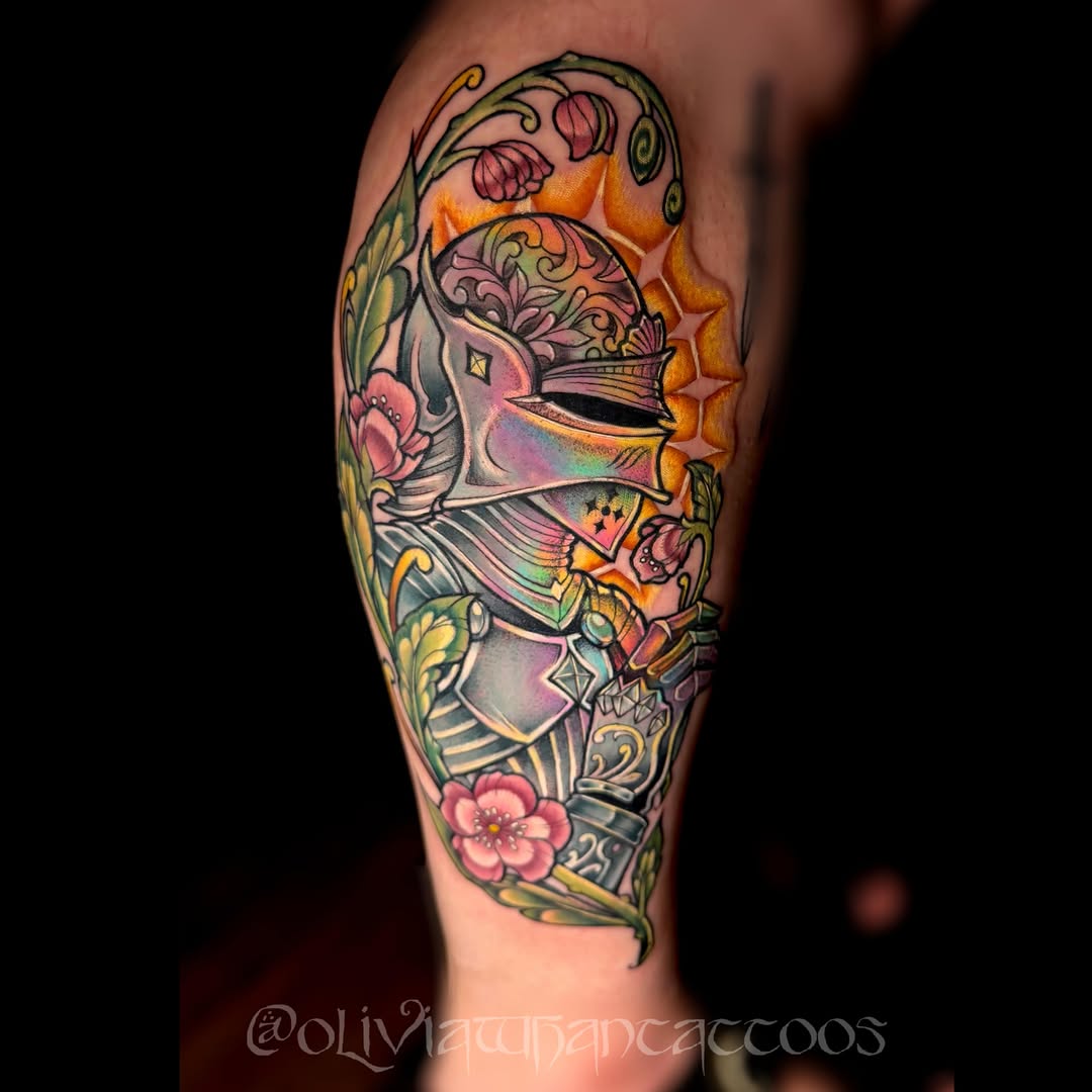 Warrior helmet American traditional tattoo on the forearm by Olivia Whan Tattoos🌙