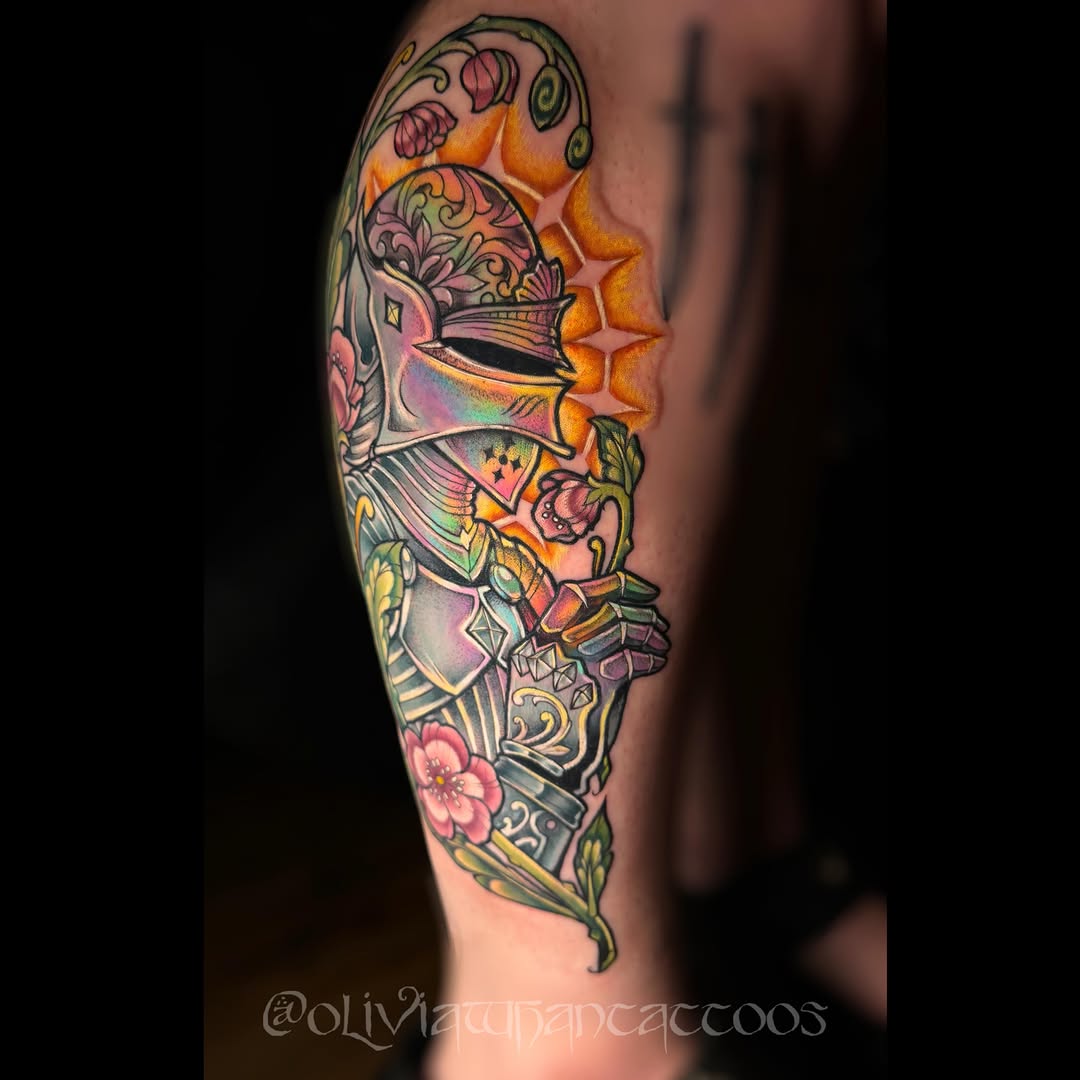 Knight armor American traditional tattoo on the forearm by Olivia Whan Tattoos🌙