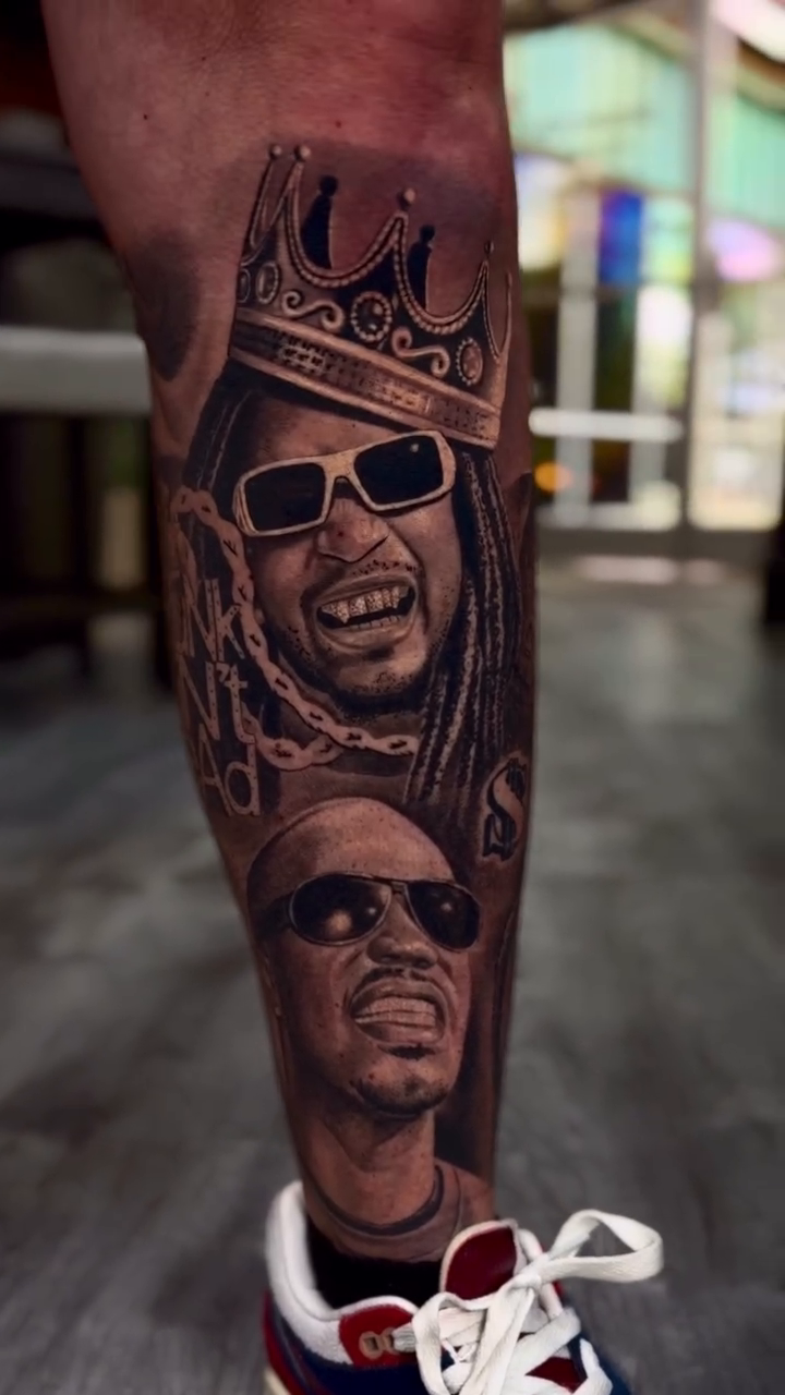 Portraits of rappers realism tattoo on the forearm by Samuel Limberti