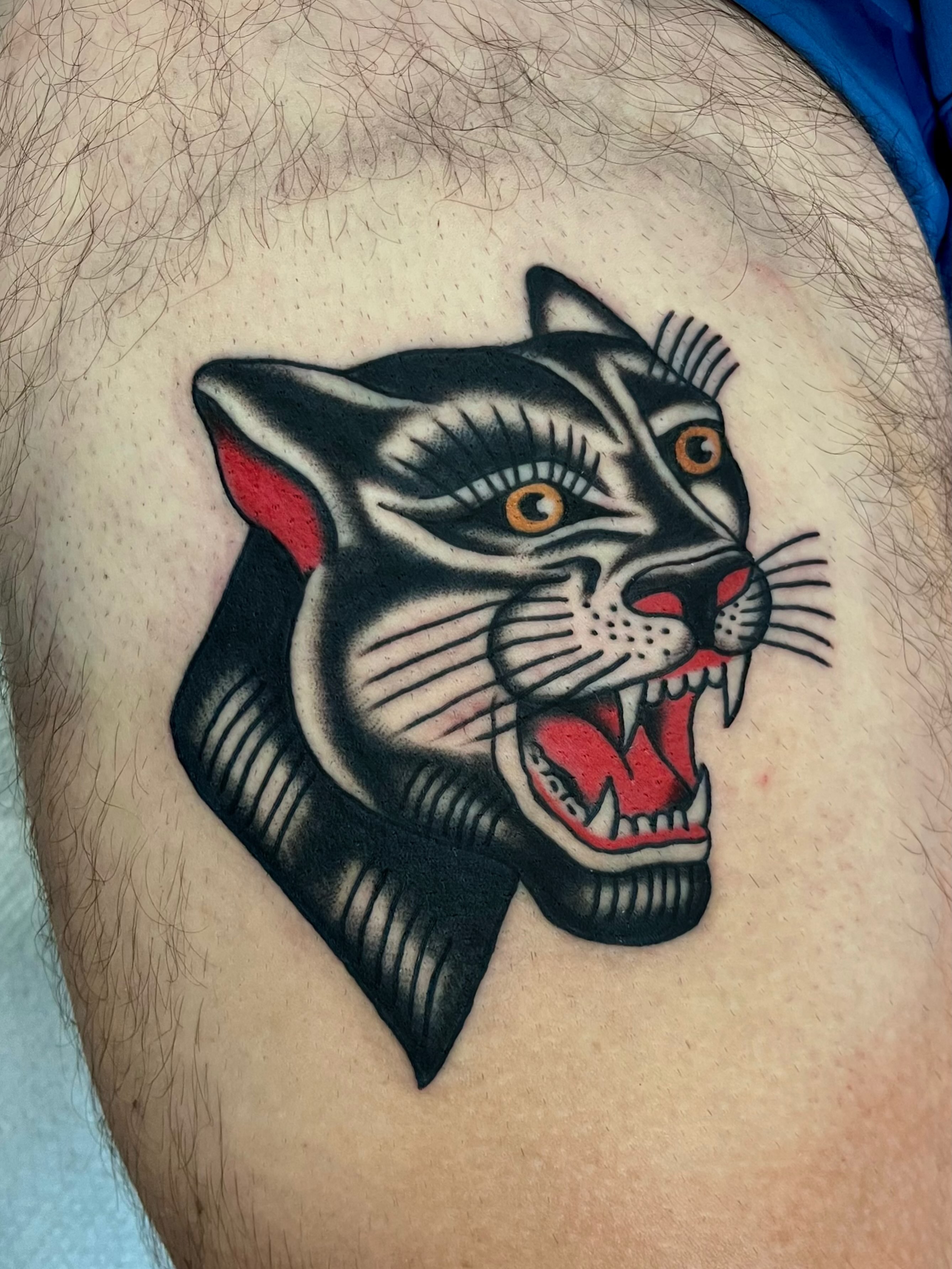 Panther head American traditional tattoo on the thigh by Elizabeth Summers ❨・¨⬮ Traditional Tattoo