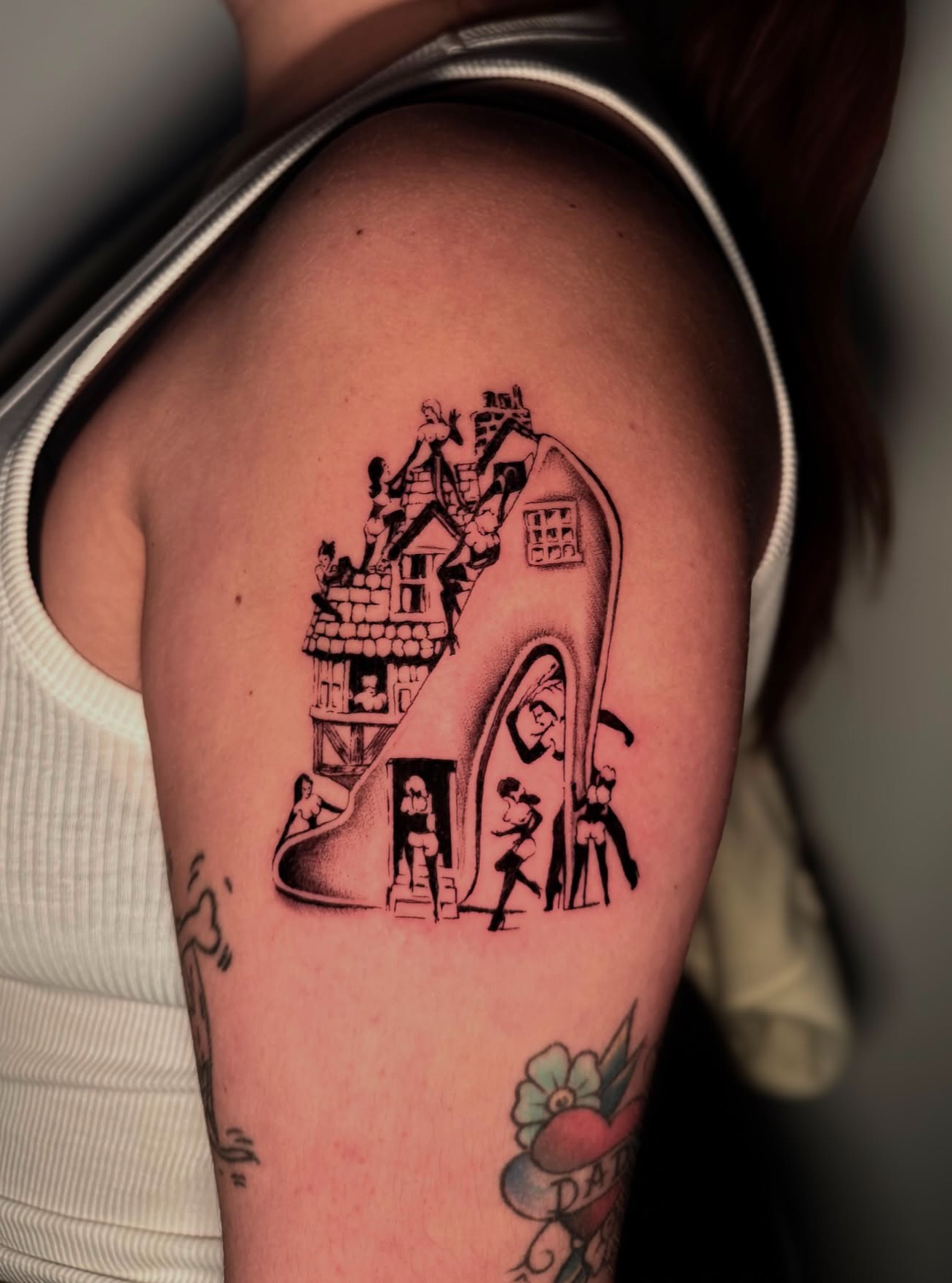 High heel house black and grey tattoo on the shoulder by ༺♡༻ Melia’s Dolls ༺♡༻
