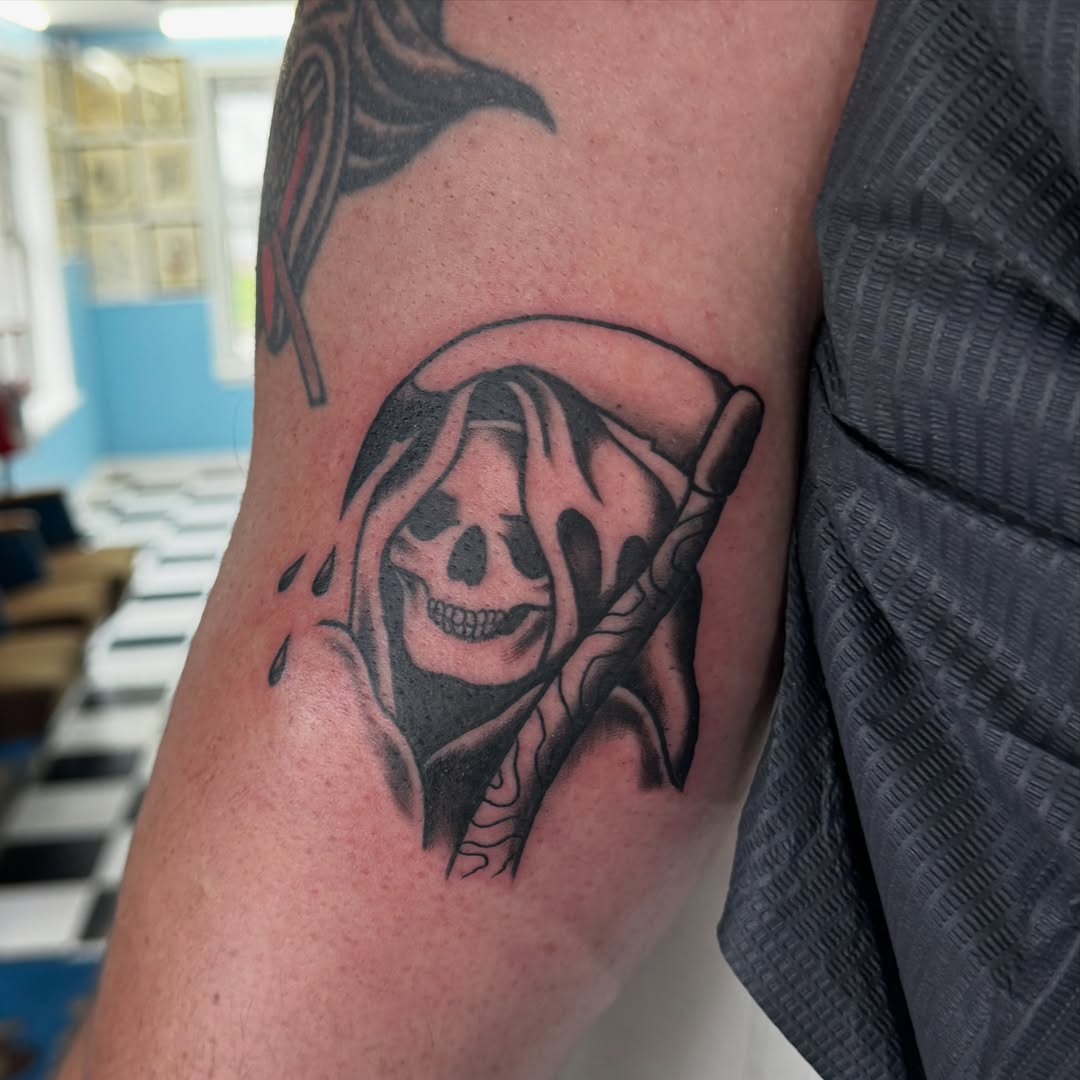 Grim reaper American traditional tattoo on the forearm by Béle Benard