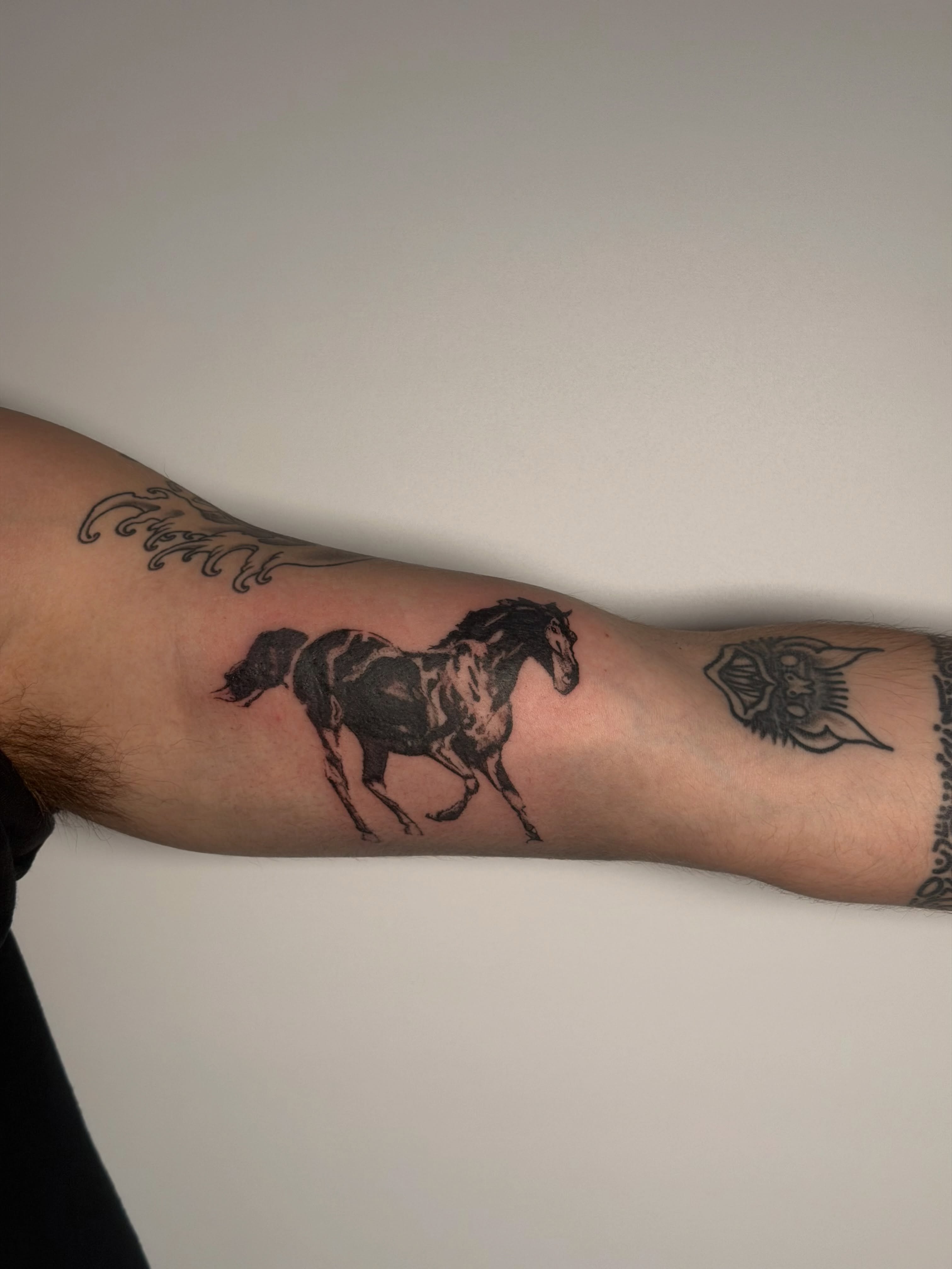 Galloping horse black and grey tattoo on the forearm by Alaska