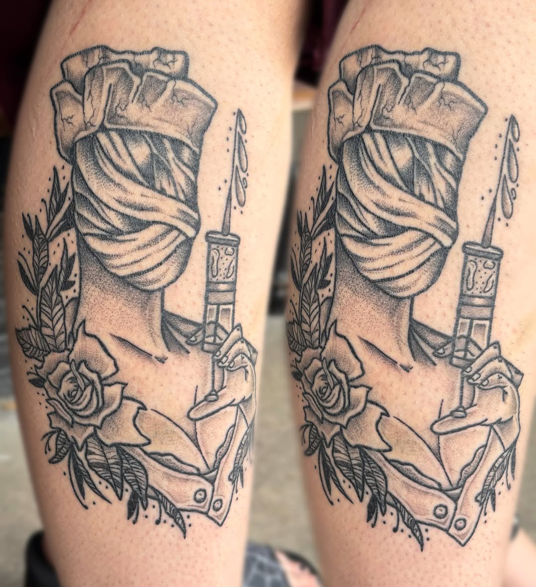 Woman with crown and candle American traditional tattoo on the thigh by Ava Brady Tattoos
