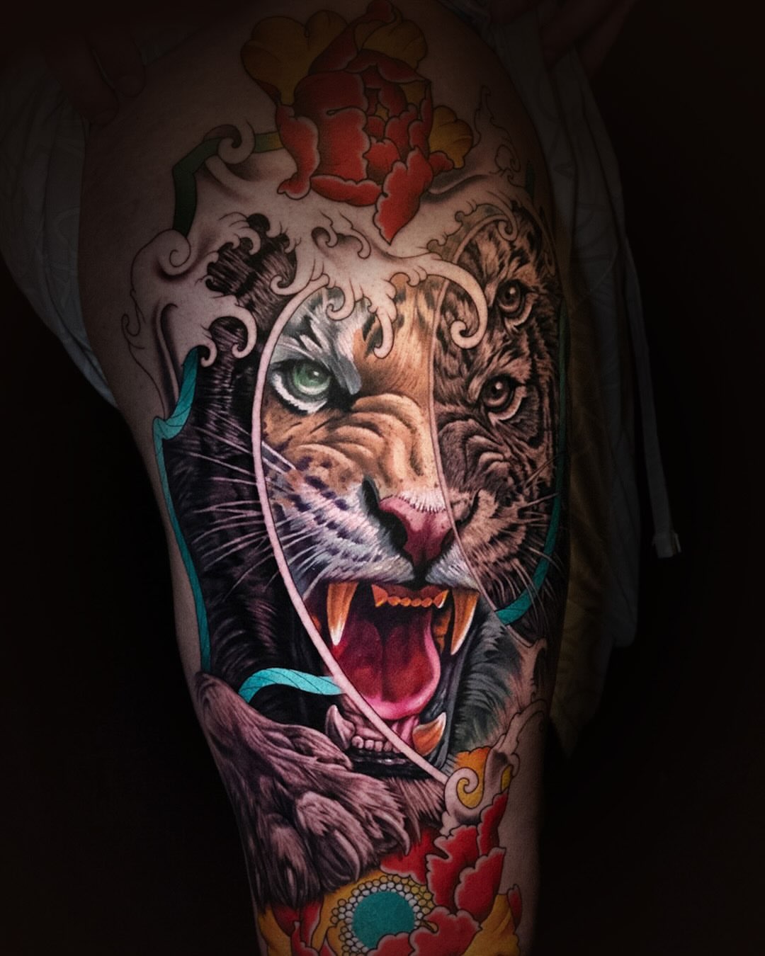Tiger realism tattoo on the thigh by Tattoo Artist
