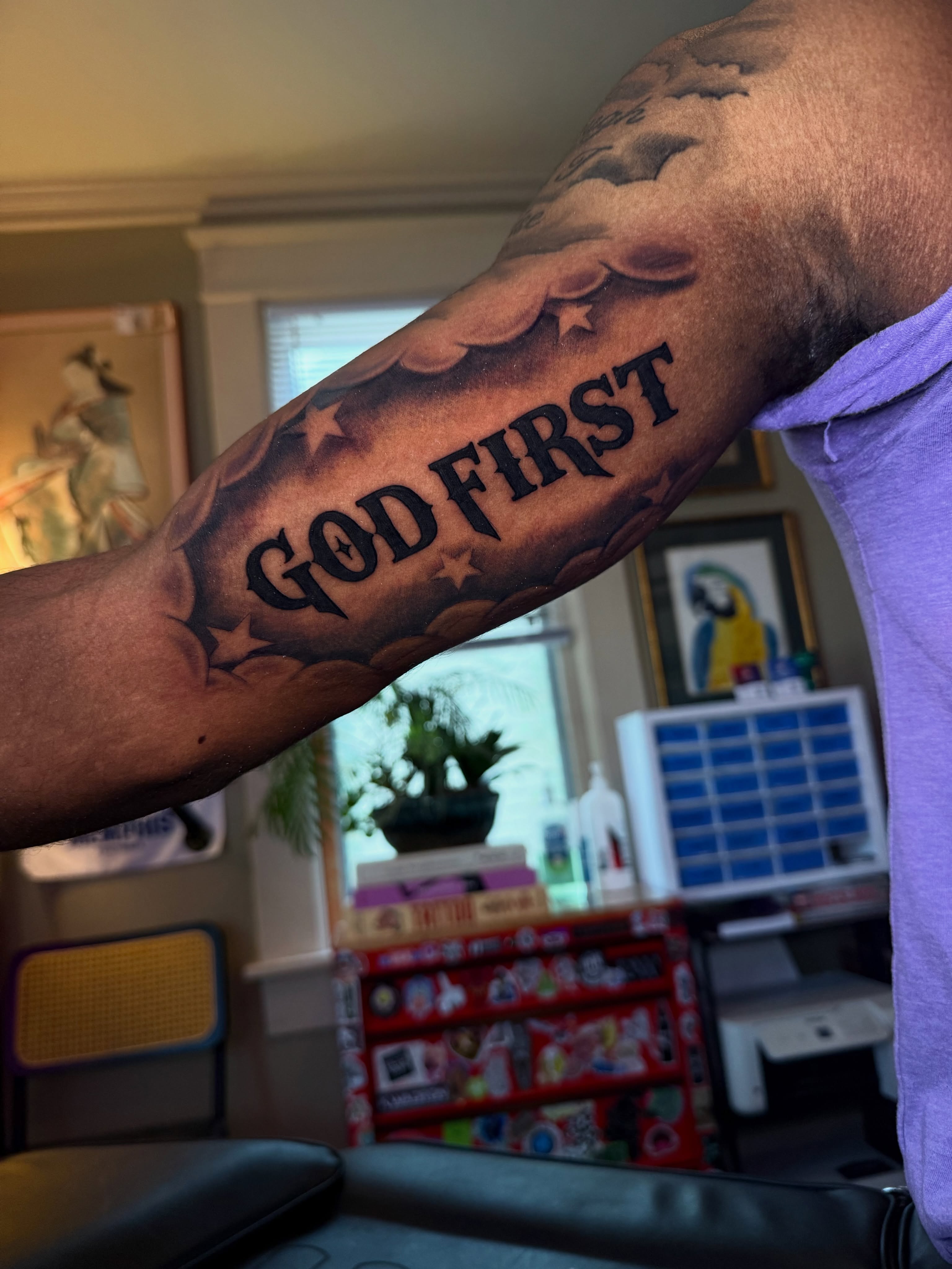 God First American traditional tattoo on the forearm by Brandt Norcross