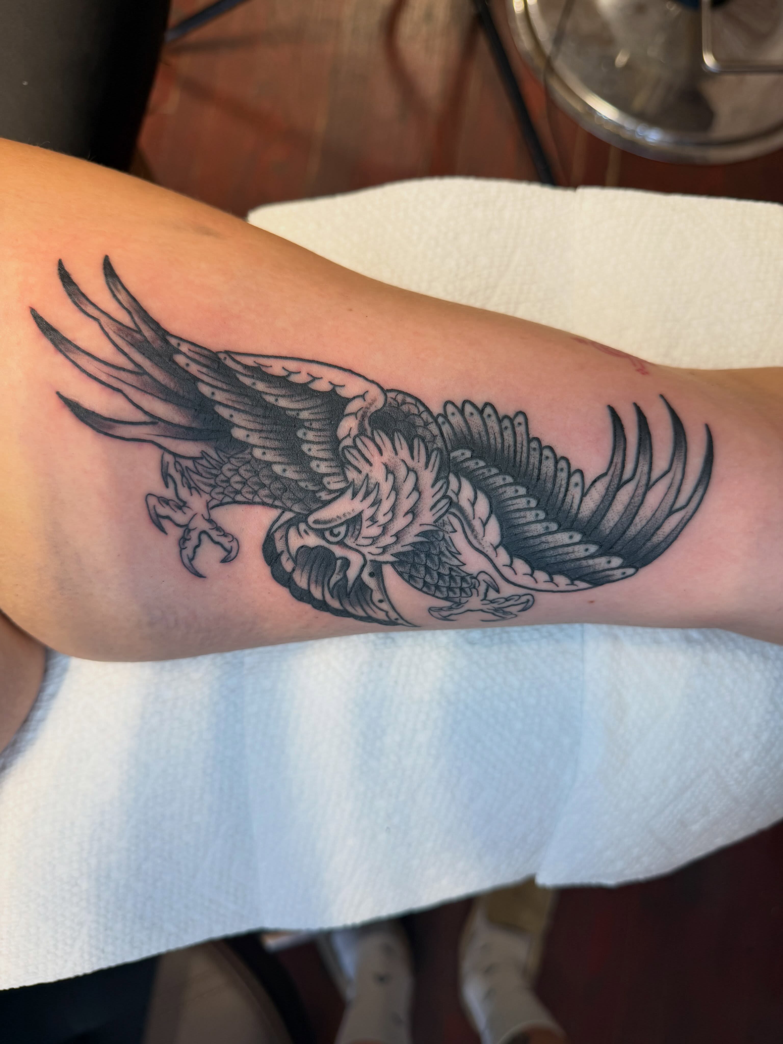 Tattoo by @evanvtattoos — american_traditional, black_and_grey