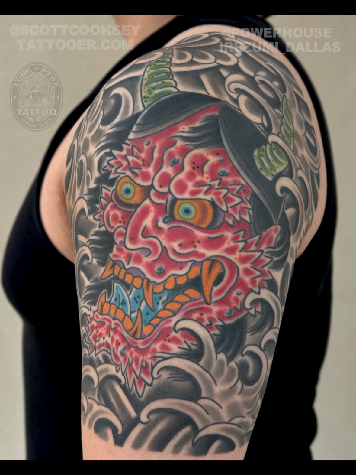 Demon mask japanese irezumi tattoo on the shoulder by Scott Allen Cooksey, Plano, Texas