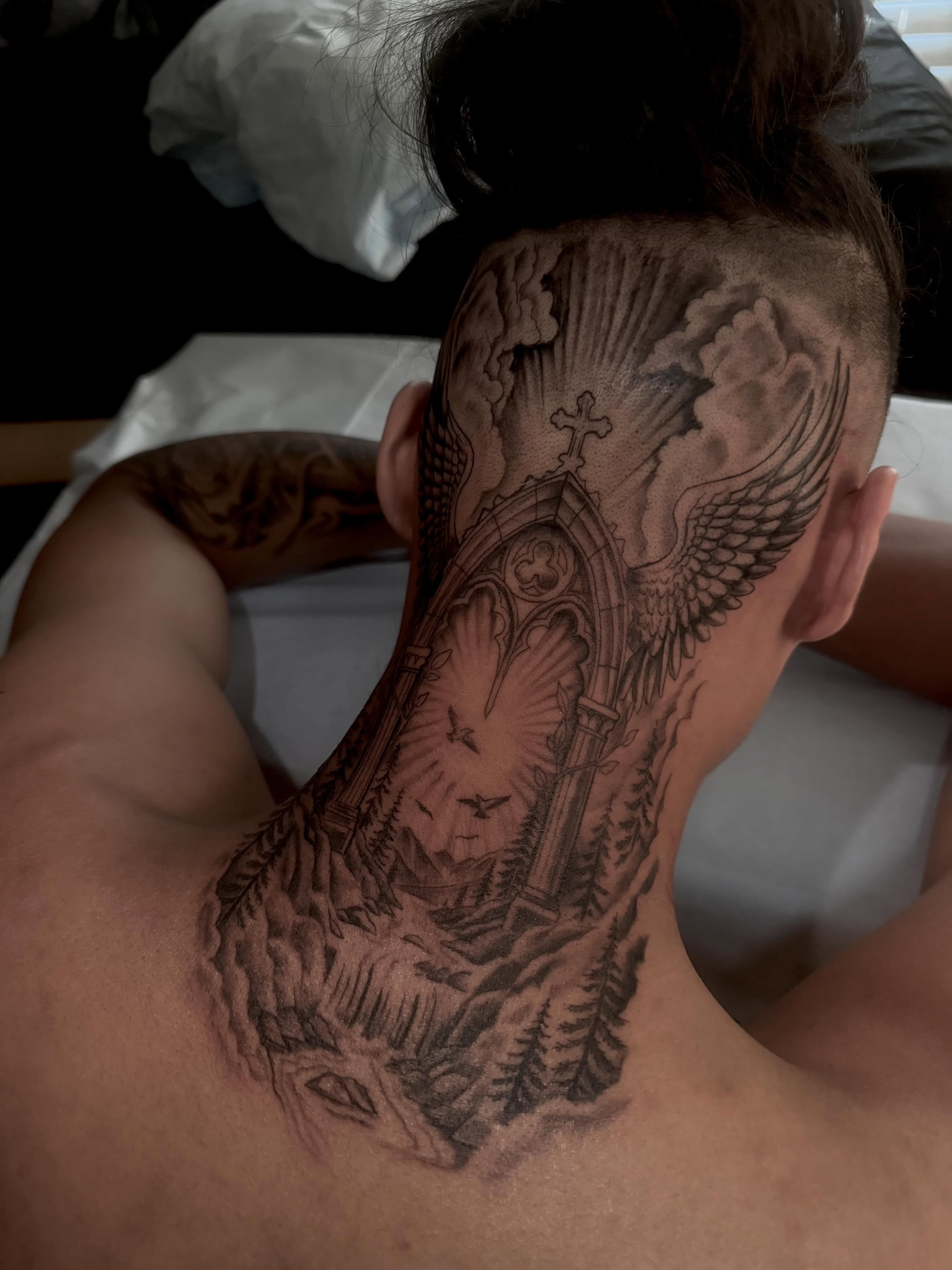 Tattoo by @whitehorsetattooing — black_and_grey