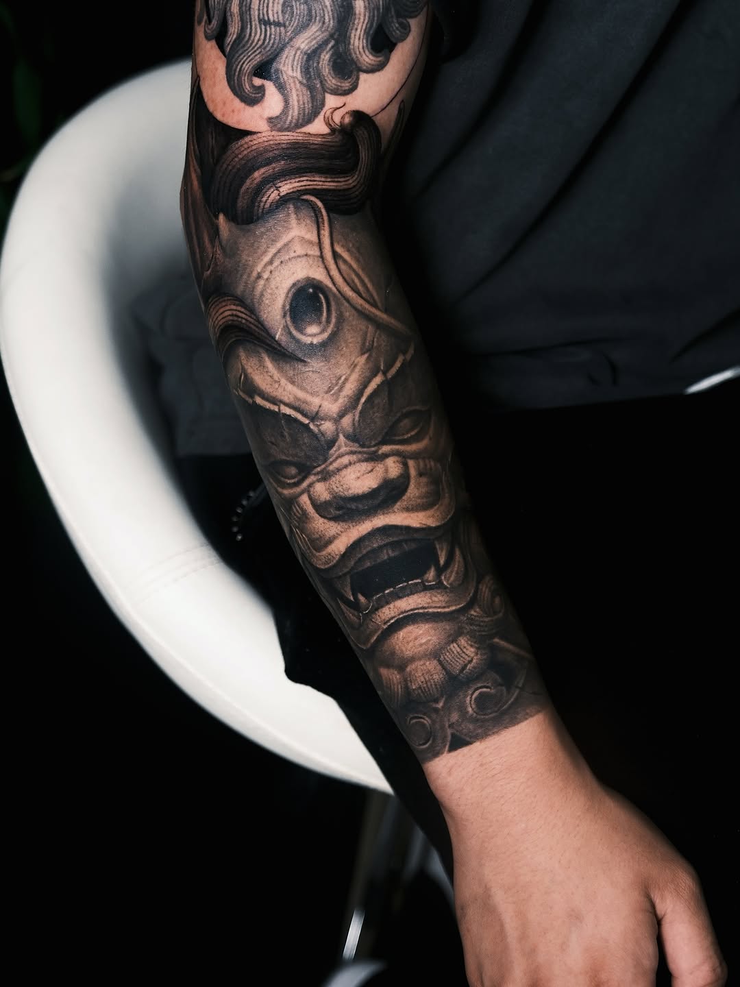 Japanese demon mask Japanese tattoo on the forearm by Anh Nguyen