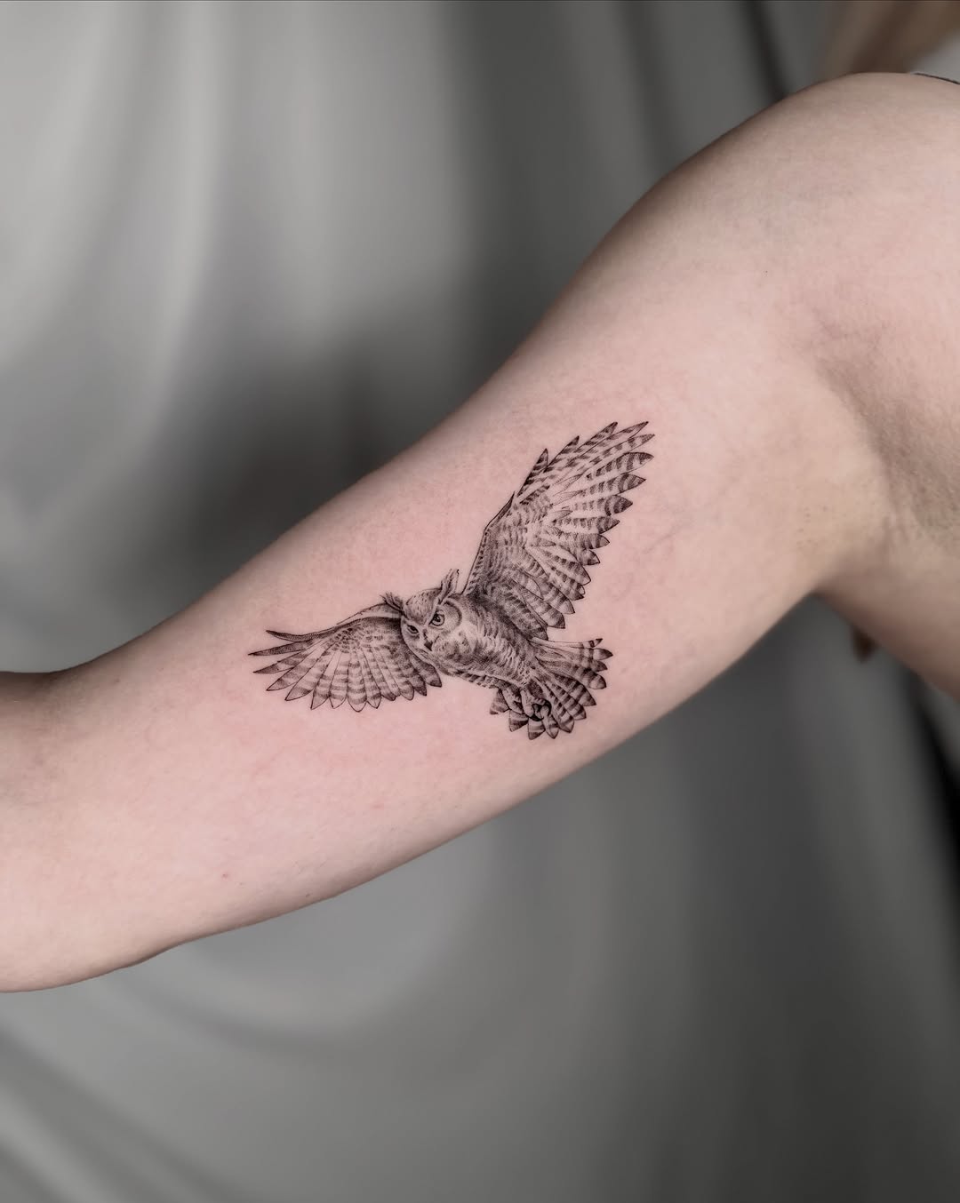 Owl in flight fine line tattoo on the forearm by eugene k 🌈, San Francisco, California