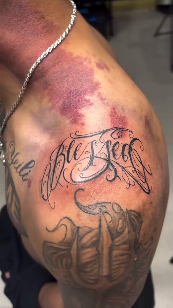 Tattoo by @sakurastabs — lettering_script, chicano