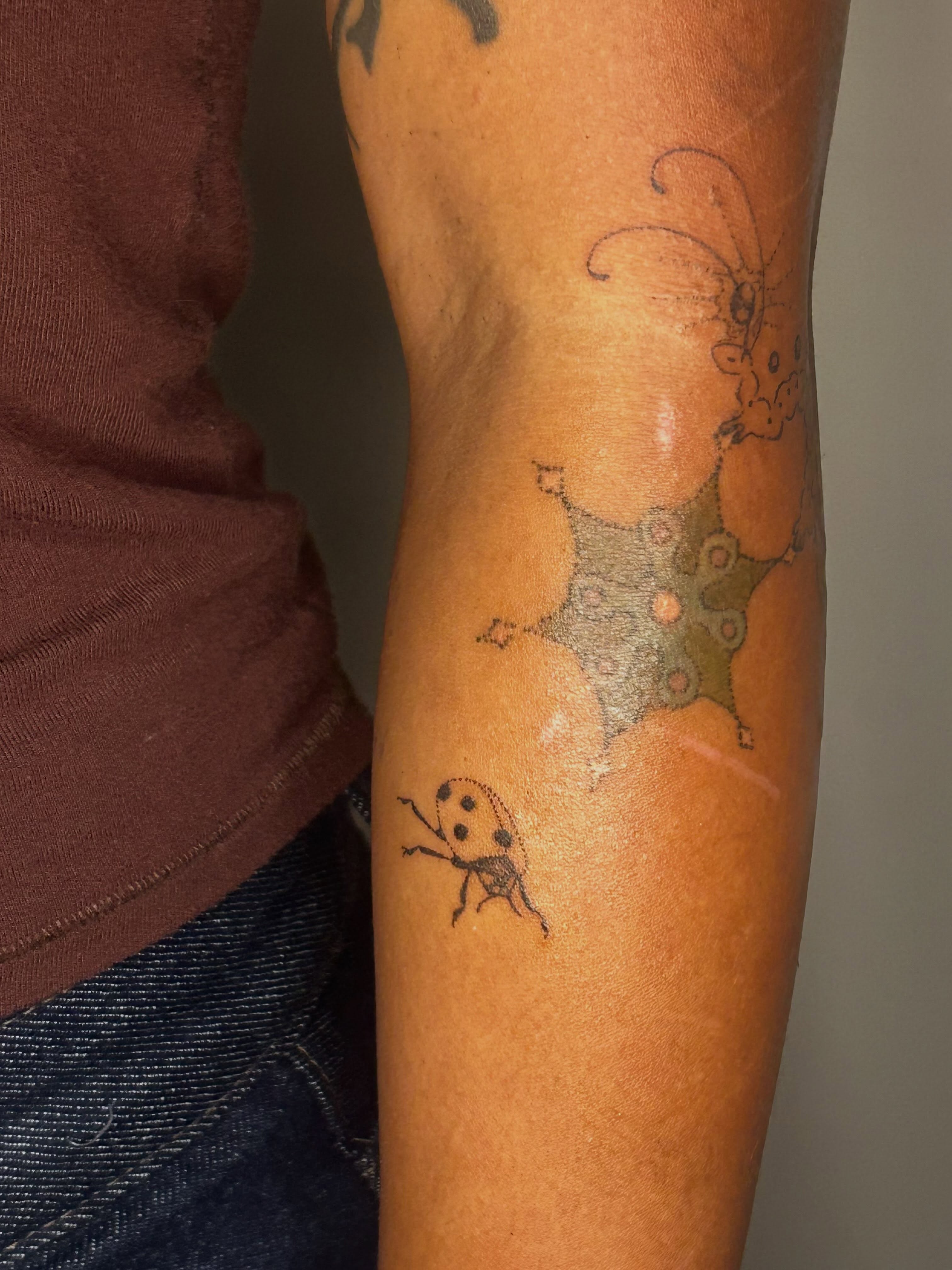 Ladybug and spider dotwork tattoo on the forearm by Nicolette