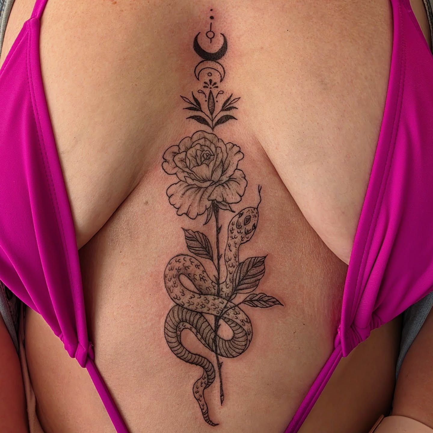Snake and peony black and grey tattoo on the ribs by Solstice Tattoos by Savannah Sadler (future, Salisbury, North Carolina