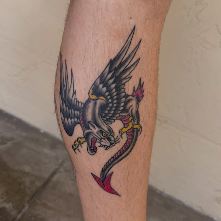Winged creature American traditional tattoo on the forearm by savannah