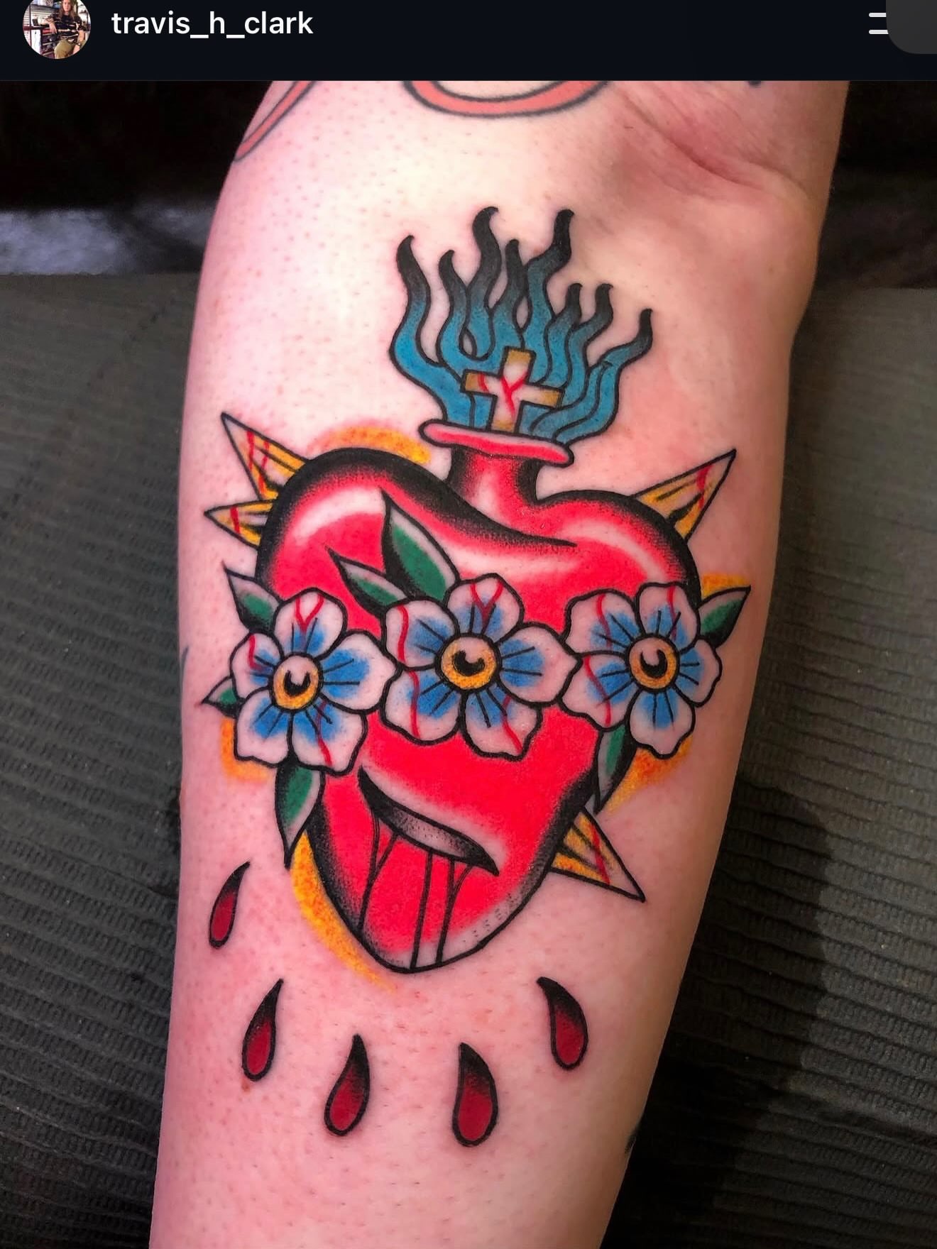 Sacred heart American traditional tattoo on the forearm by Cortney Norton