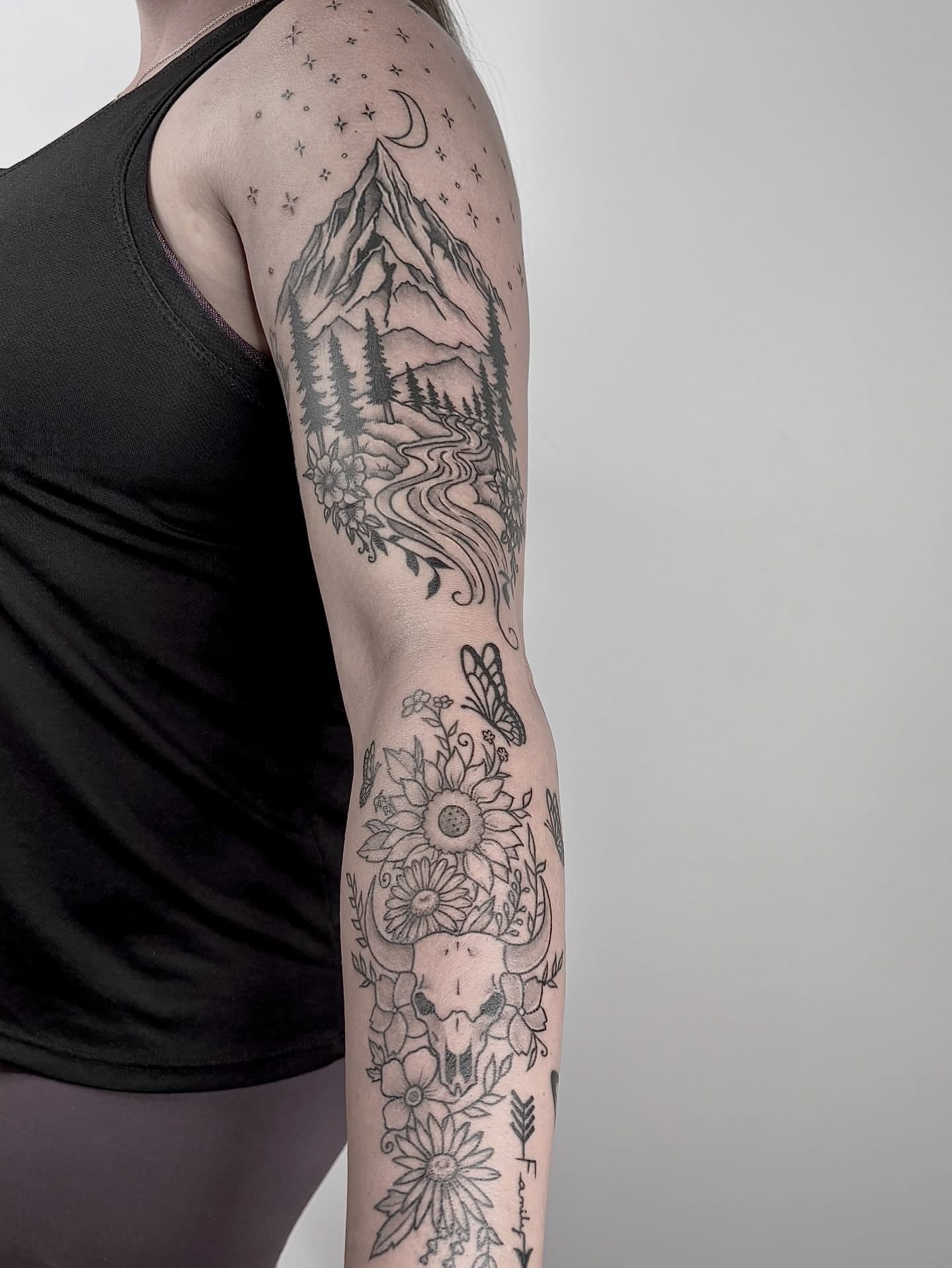 Mountain landscape black and grey tattoo on the forearm by <3 eve’s tattoos <3