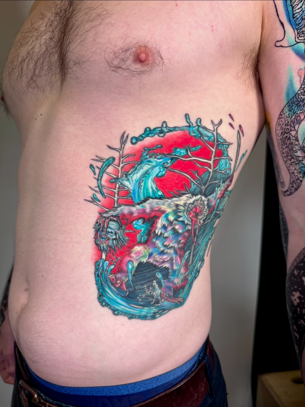 Abstract landscape dotwork tattoo on the ribs by aria, Austin, Texas
