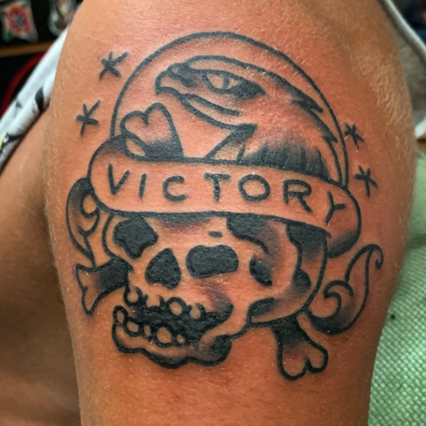 Victory American traditional tattoo on the forearm by World Famous Big Bob, Blackwood, New Jersey