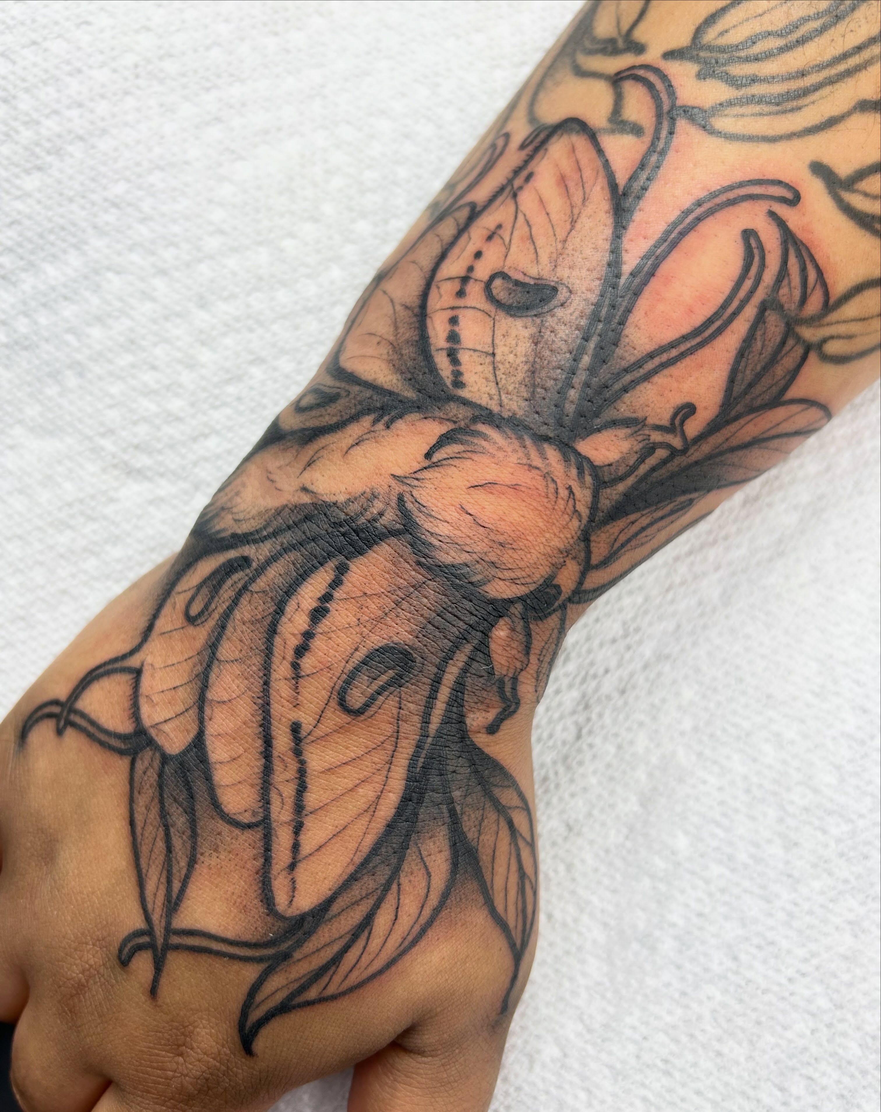 Butterfly black and grey tattoo on the forearm by Tatijana., Kettering, Ohio