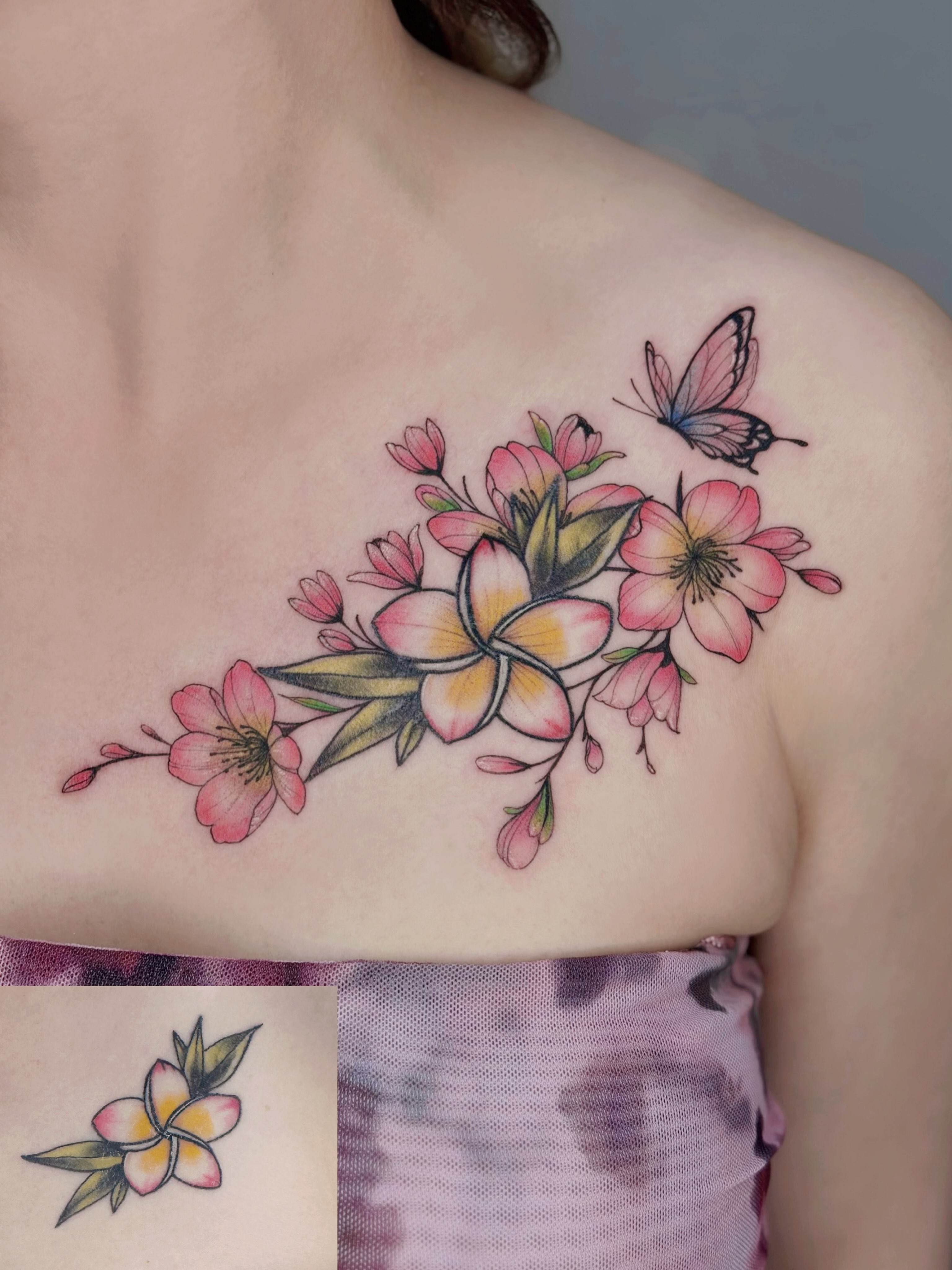 Cherry blossoms and butterfly watercolor tattoo on the shoulder by ๐๐๐๐ ๐๐๐๐๐๐ ๐๐๐๐๐