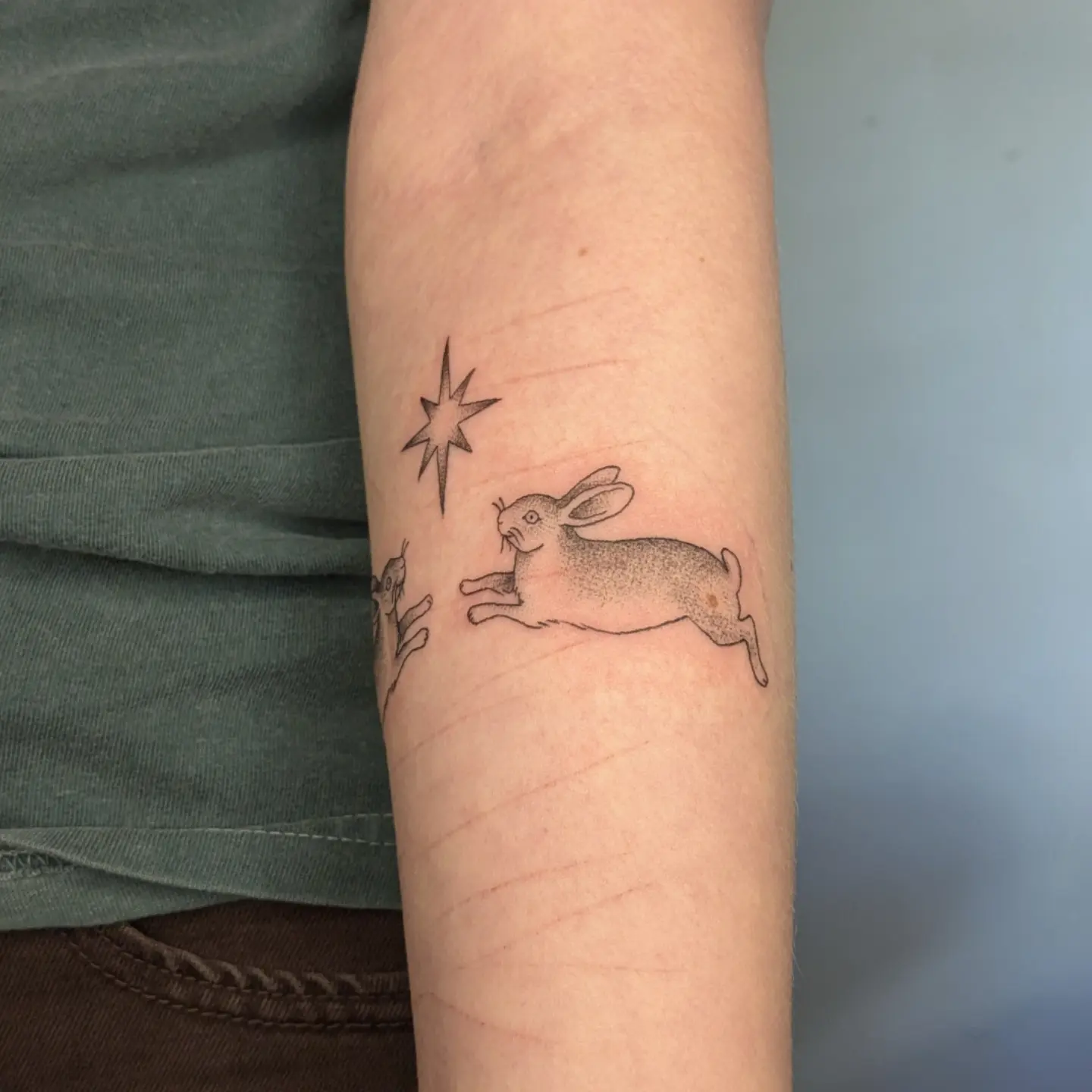 Rabbit and star dotwork tattoo on the forearm by Madison Cañedo ✺ Portland tattoo