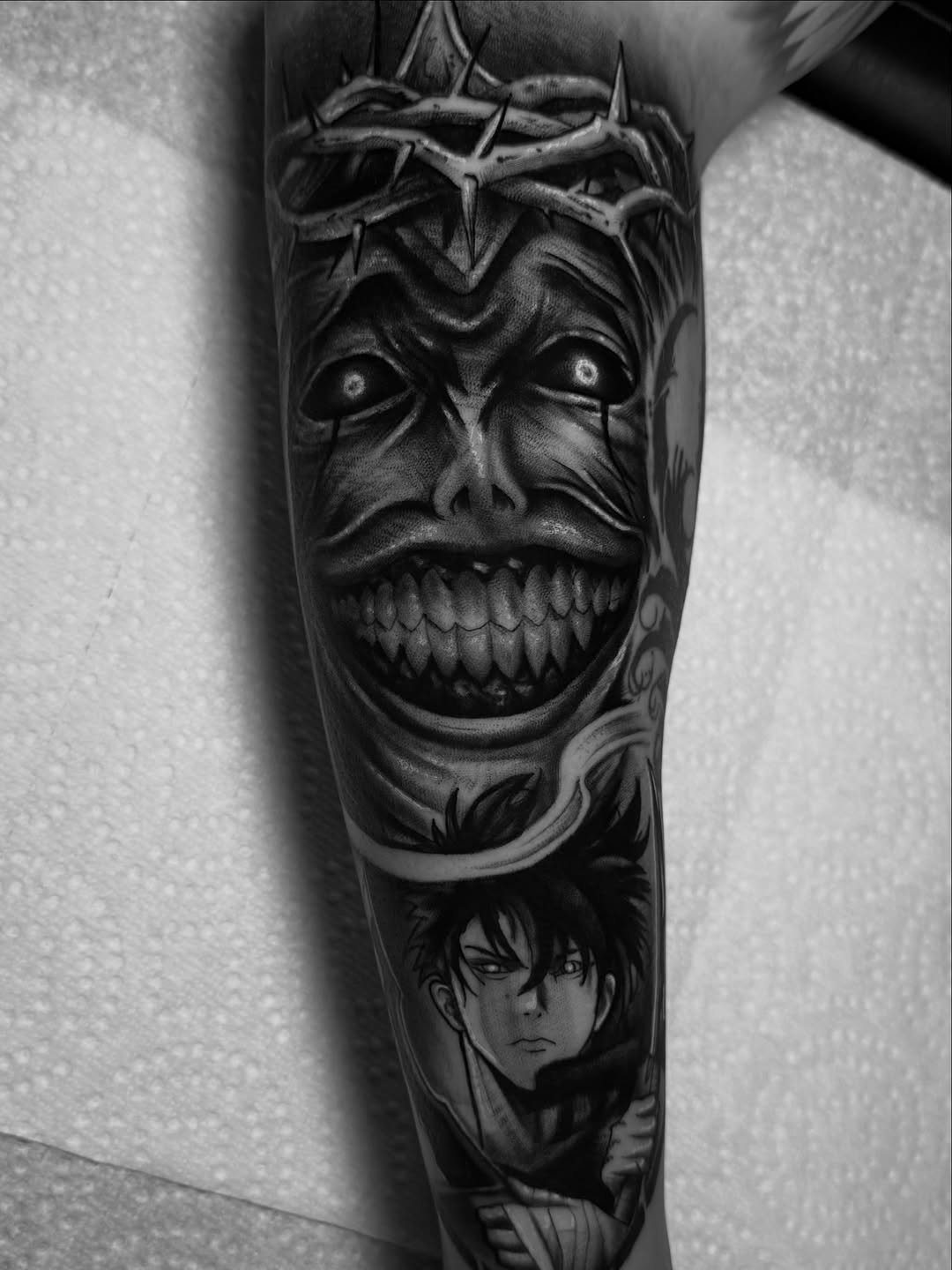 Tattoo by @tattedbyhood — anime, black_and_grey
